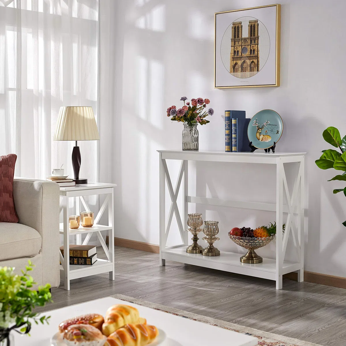 Yaheetech Mobile Ingresso Moderno Tavolino Consolle da Entrata Consolle da Divano a 2 Ripiani Stuttura a X Tavolo d Ingresso Salvaspazio 2 Livelli Soggiorno Corridoio 102 x 30 x 81 cm Bianco