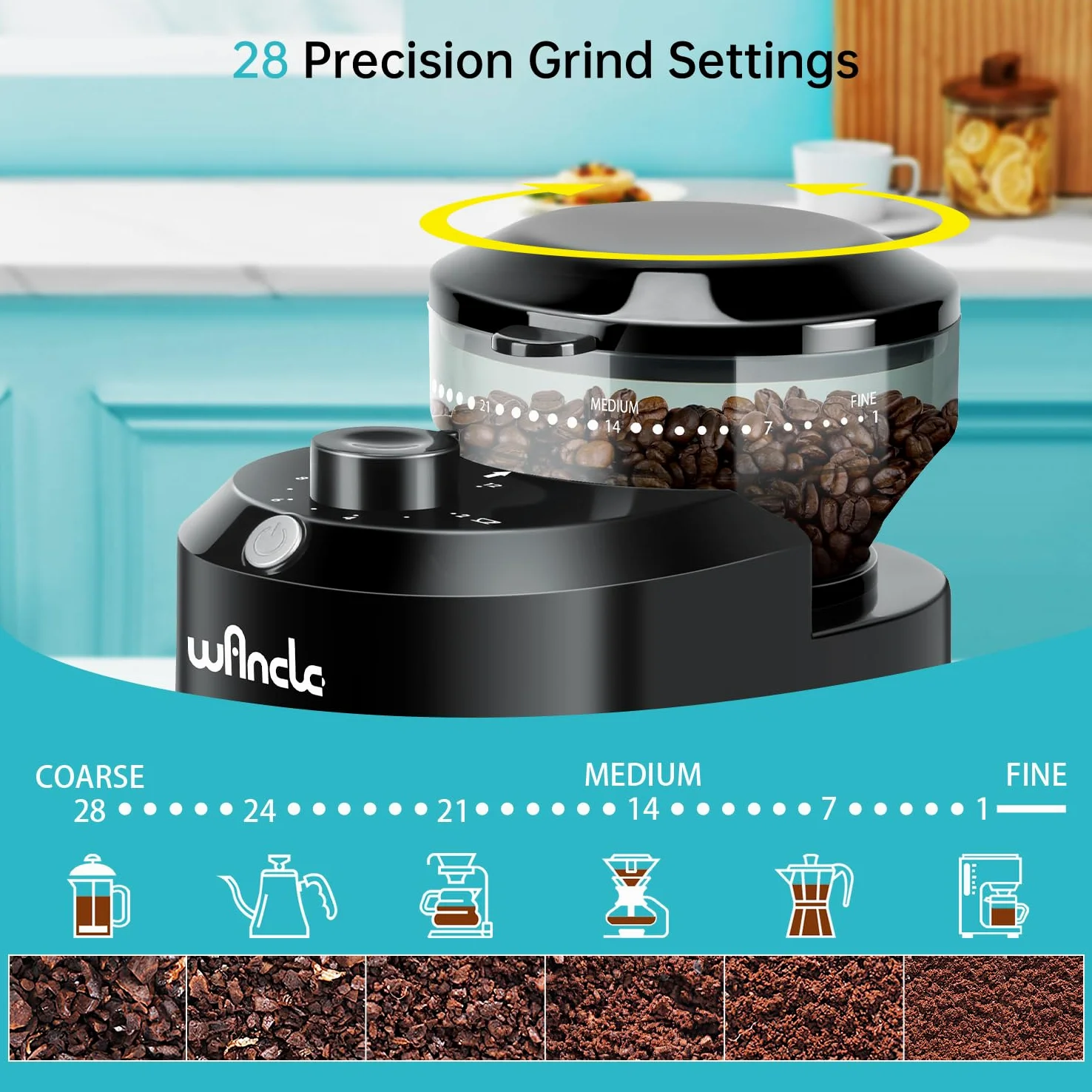 Macinacaffè, Macinacaffè Elettrico Wancle, Macinino Regolabile per Chicchi di Caffè, con 28 Impostazioni di Macinatura Precise per 12 Tazze, 220V