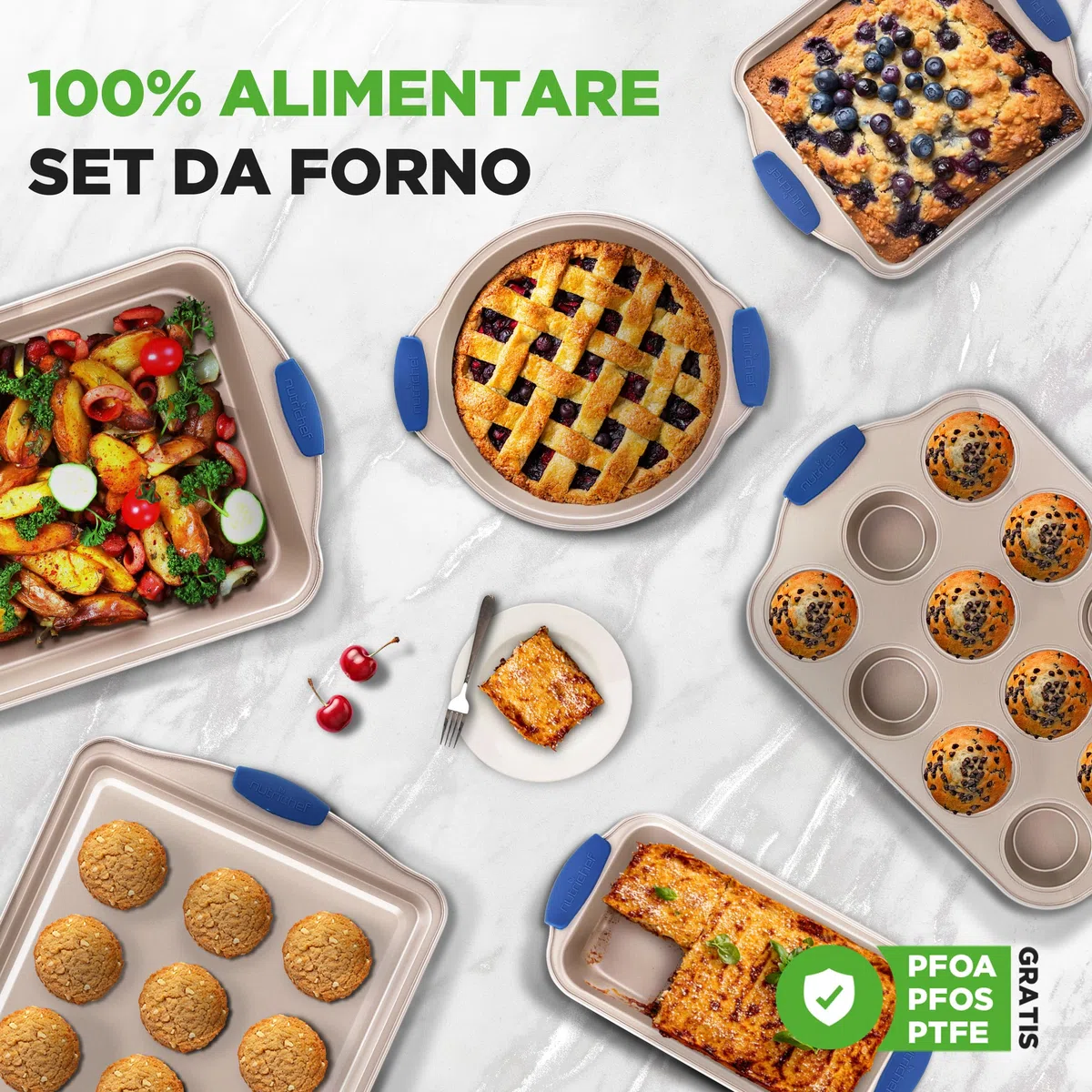 NutriChef Set 6 Teglie da Forno Antiaderente, Acciaio al Carbonio con Manici in Silicone, Stampo per Pane, Stampo per Muffin/Cupcake, Padelle da Arrosto Rotonde e Quadrate, Foglio per Biscotti