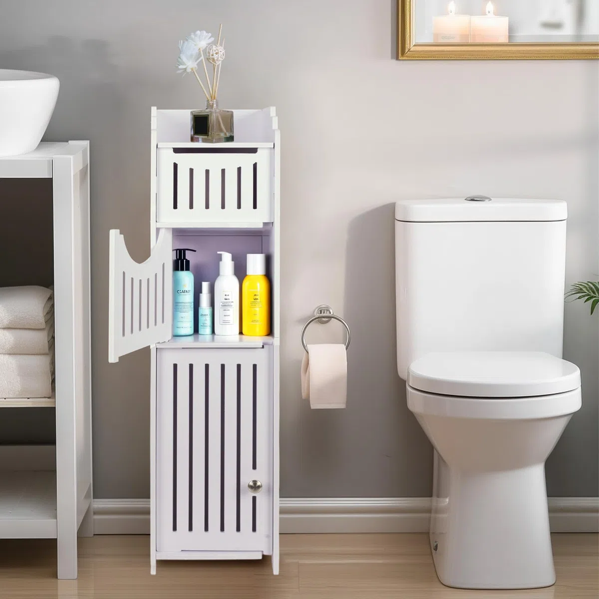 powerking Supporto per carta igienica, Sopra l'armadio di stoccaggio WC per bagno, Mensola angolare sottile per piccolo spazio di stoccaggio, Armadio di stoccaggio bagno piccolo con porte, Bianco