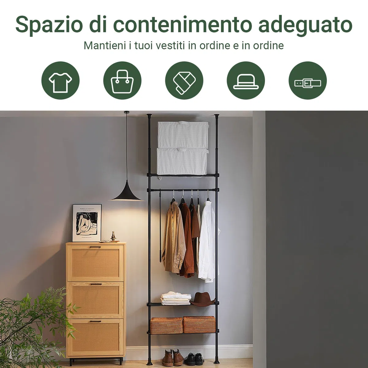 SoBuy Telescopic Appendiabiti da Terra, Robusto Stand Appendiabiti con Aste e Ripiani, Armadio Aperto Regolabile per Camera da Letto, Porta Abiti Nero KLS07-SCH