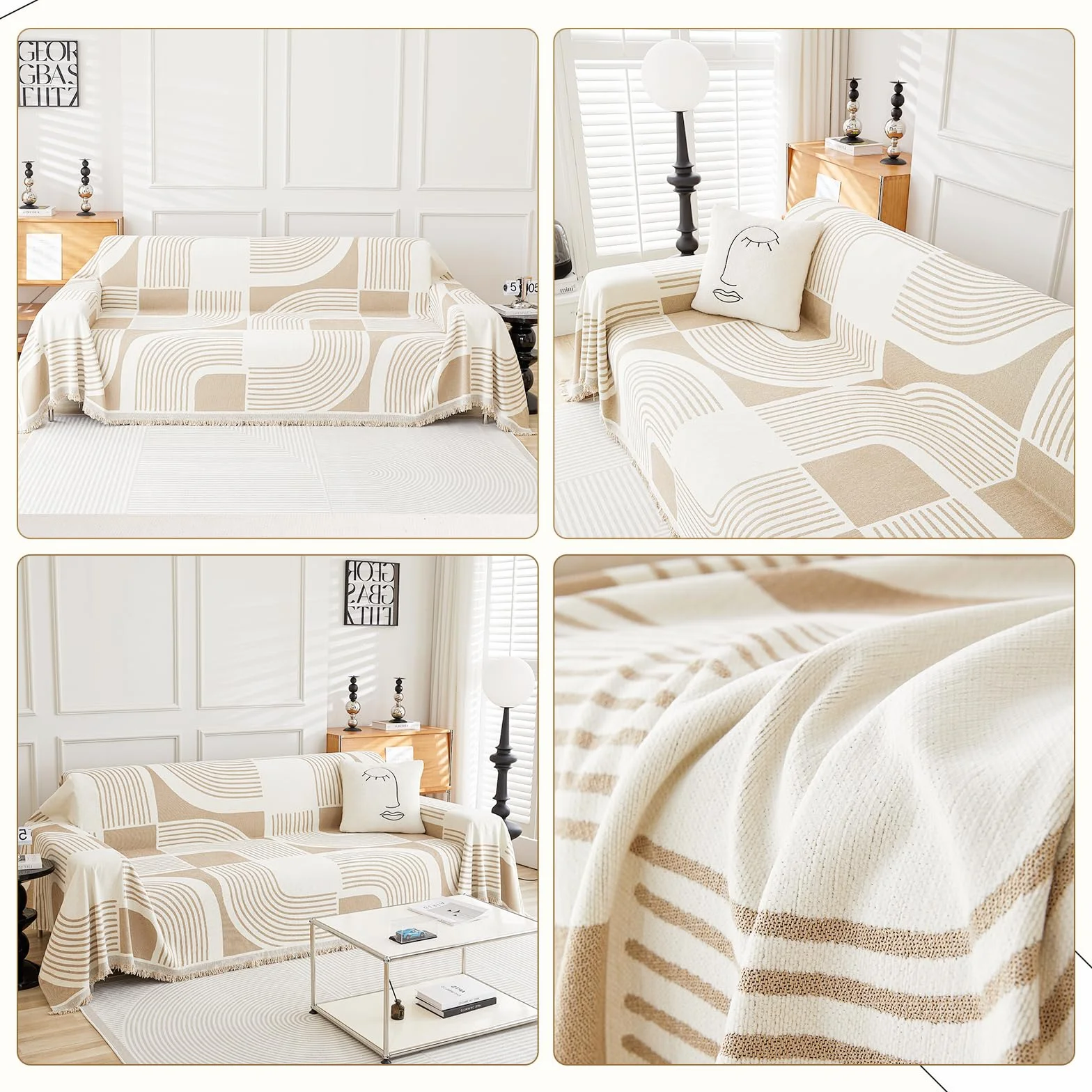 WEYOND Copridivano e Copricouch Boho Lavabile in Chenille per Divano 3 Cuscini, Telo Copridivano Stile Bohemien per Divano Angolare, Divanetto, Divano 2/3/4 Posti e Futon (180 x 300 cm, Kaki)