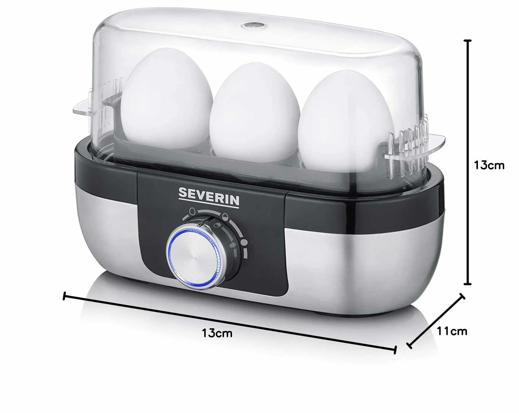 SEVERIN Cuociuova Per 3 Uova Con Controllo Elettronico Del Tempo Di Cottura, Incluso Misurino Con Forauova, Vari Livelli Di Cottura, Acciaio Inox Spazzolato/Nero, 300 W, EK 3163