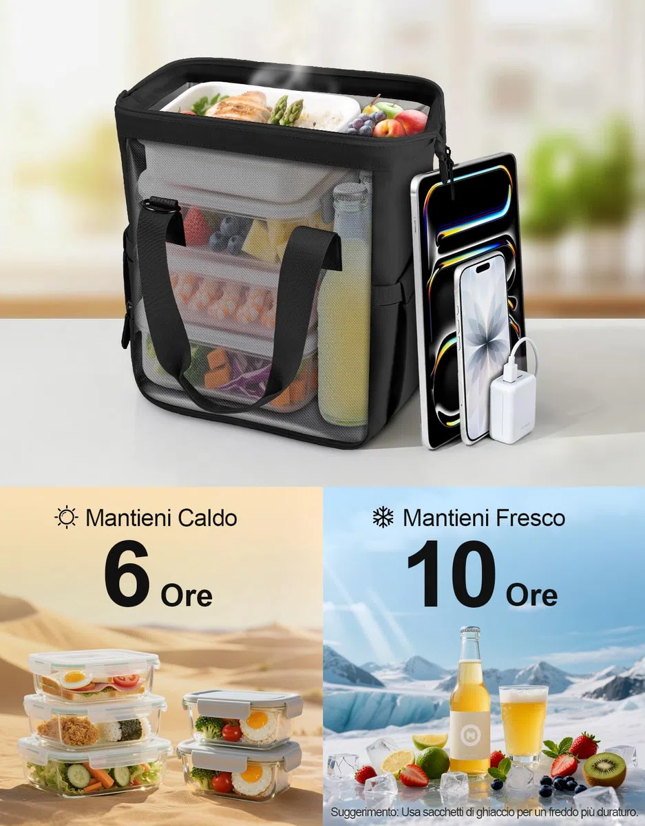 ISEYOU Borsa Termica Porta Pranzo 20L, Borsa Frigo Fodera Anti-Perdite & Ampia Apertura, Riutilizzabile Borse Termica Portatile Multitasche, con Tracolla Regolabile per Lavoro, Ufficio, Picnic, Viaggi