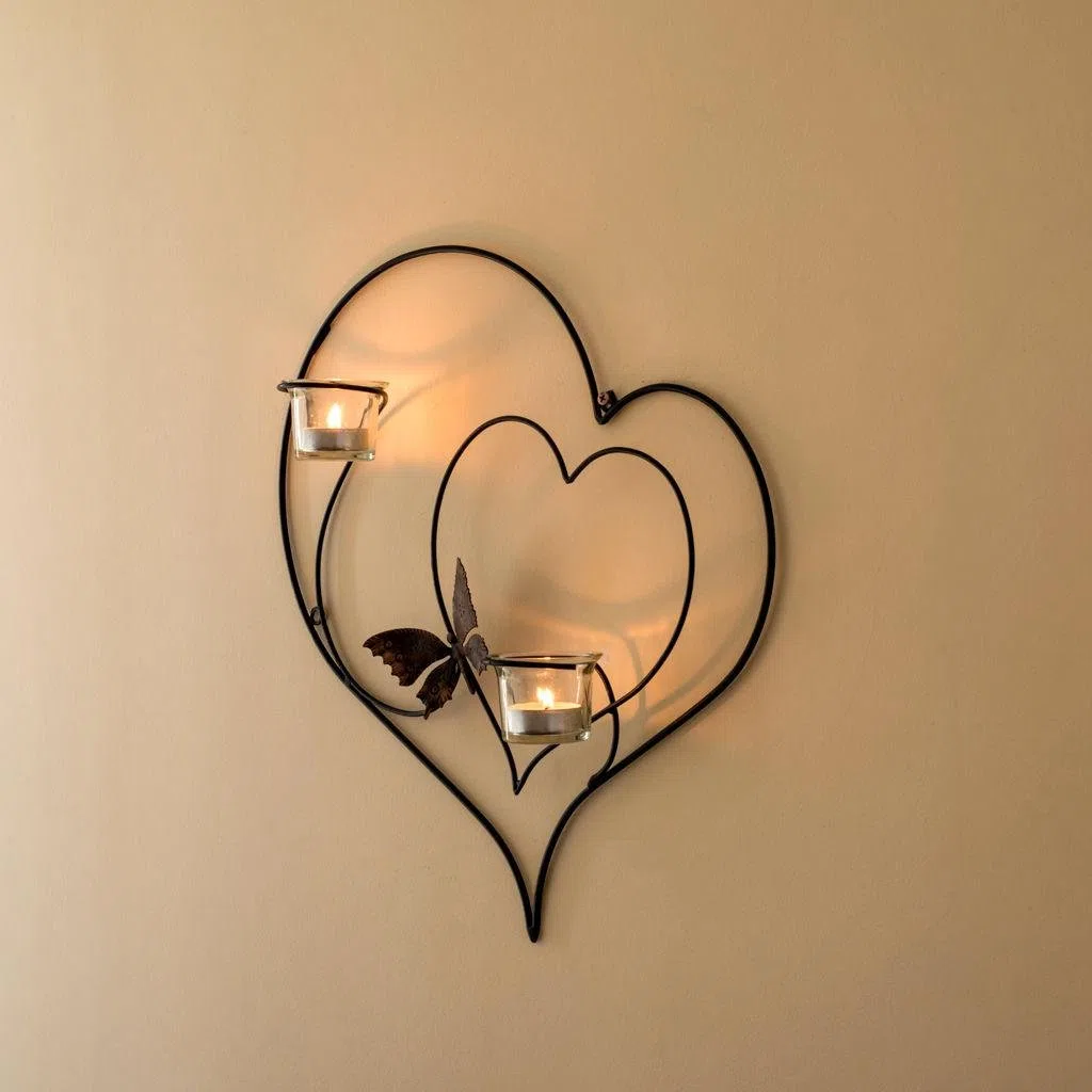 DanDiBo Portacandele da parete, a forma di cuore, in metallo, altezza: 39 cm, nero