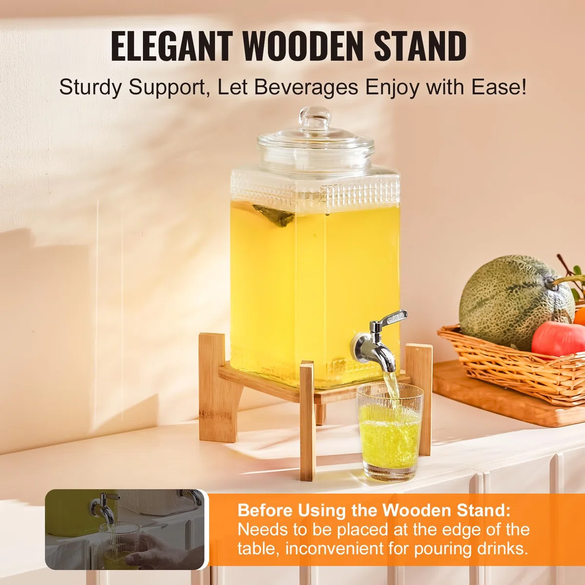 VEVOR Dispenser per Bevande di Vetro, Dispenser per Bevande da 5,5 Litri per Feste, con Supporto, Rubinetto Acciaio Inossidabile, Dispenser per Acqua per Succo, Tè Freddo, Ristoranti, Hotel, Feste