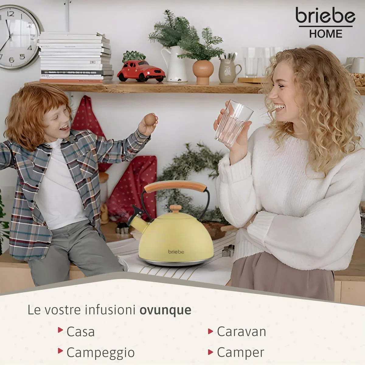 briebe Retro Bollitore Induzione a Fischio 2,3 L, Acciaio Inossidabile, Tutti Fornelli: Vetroceramica, Gas, Elettrico, Manico in Legno Cool Touch, per Tè, Caffè, Vintage, Tea Pot, Giallo