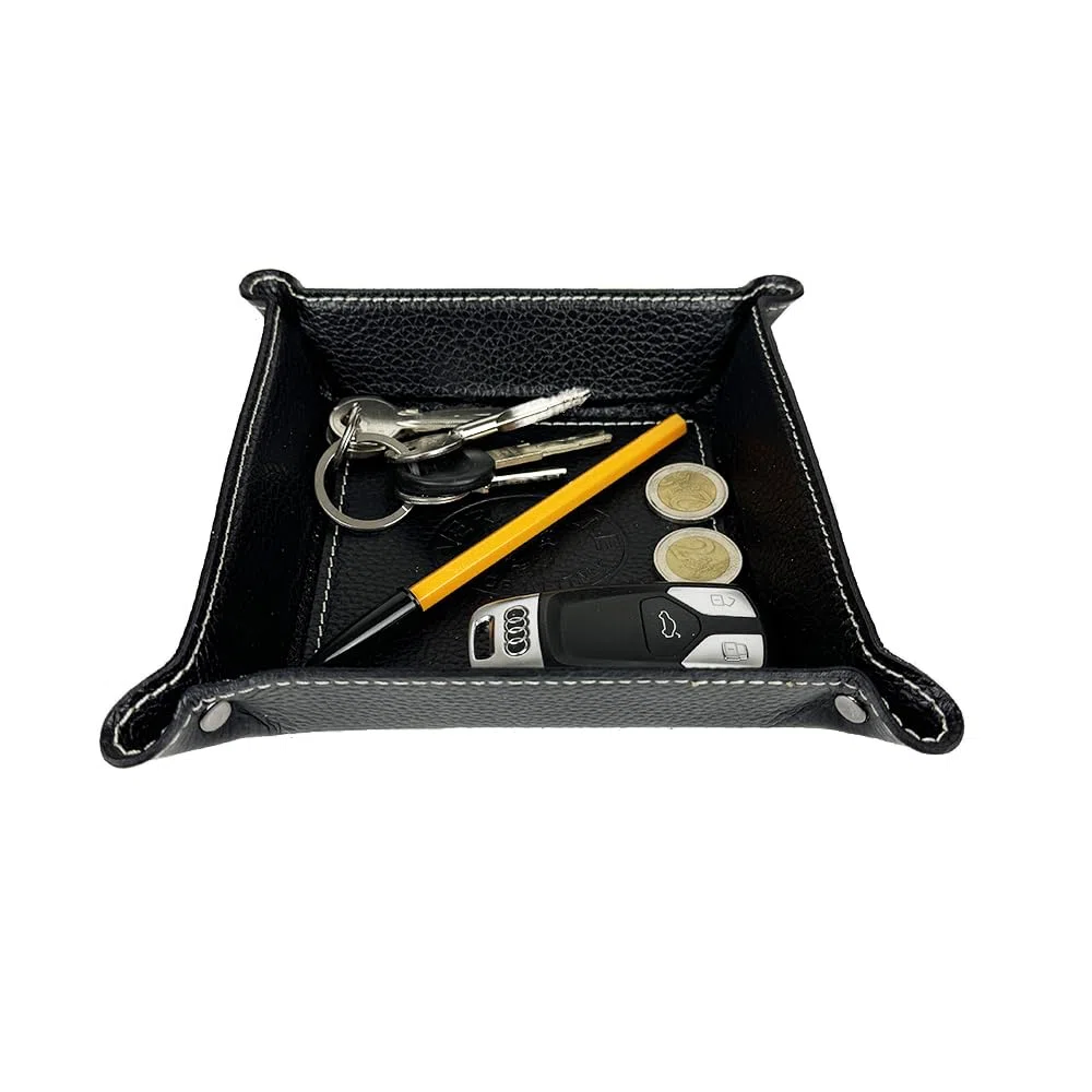Vassoio Svuotatasche in Vera Pelle Quadrato, Centrotavola Portaoggetti Svuota Tasche in Pelle, Moderno Vassoio Portachiavi Ingresso, Svuotatasche Design Moderno Made in Italy (Viola)