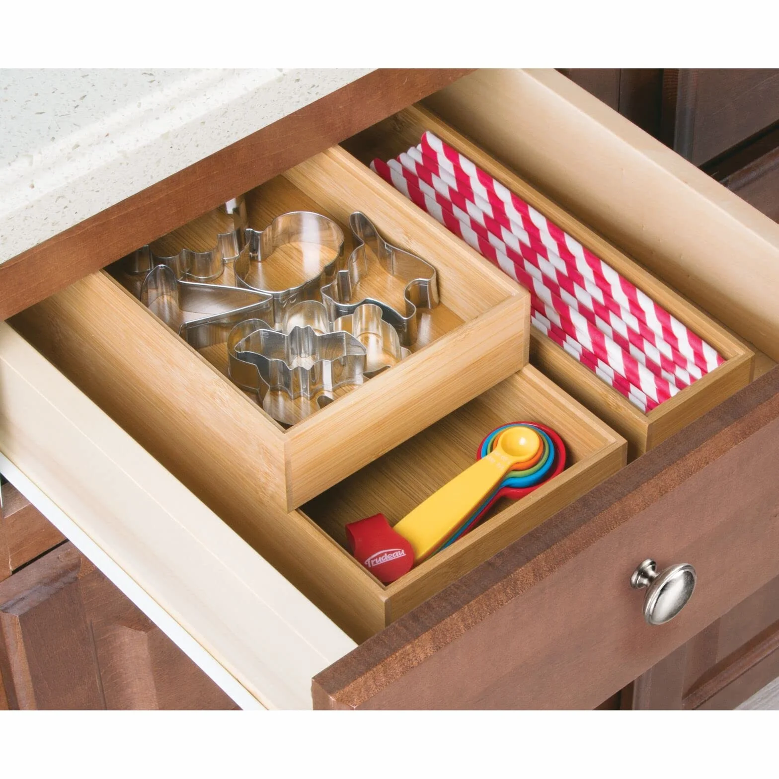 mDesign Set da 2 Portaposate da cassetto – Divisore cassetto modulare per argenteria e utensili da cucina – Organizer per posate in bambù – marrone chiaro