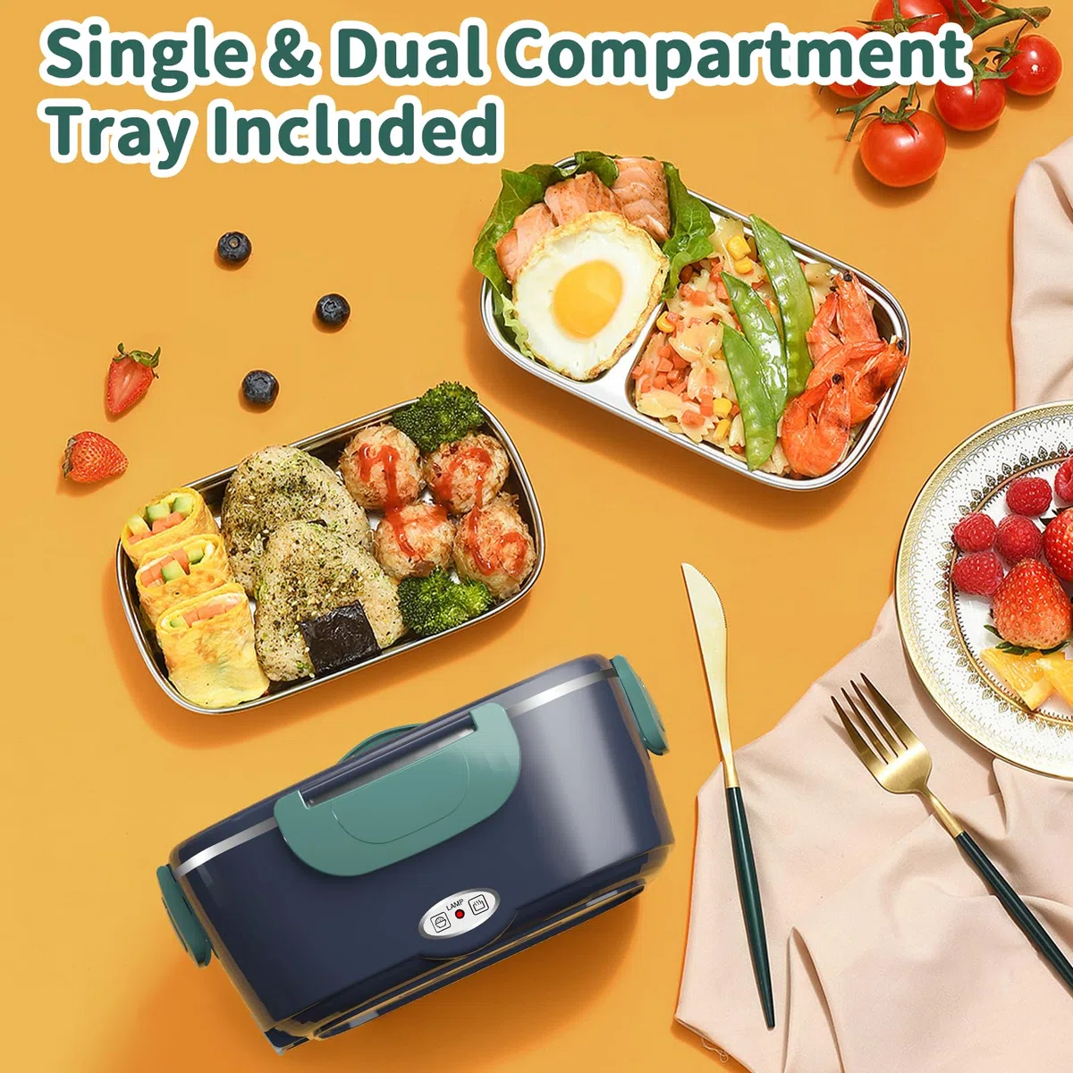 Contenitore per il pranzo elettrico 100 W, 3 in 1, contenitore per il pranzo riscaldato portatile, in acciaio inox, 12 V/24 V/220 V, contenitore termico isolato per auto, camion (NavyGreen, 1,5 L)