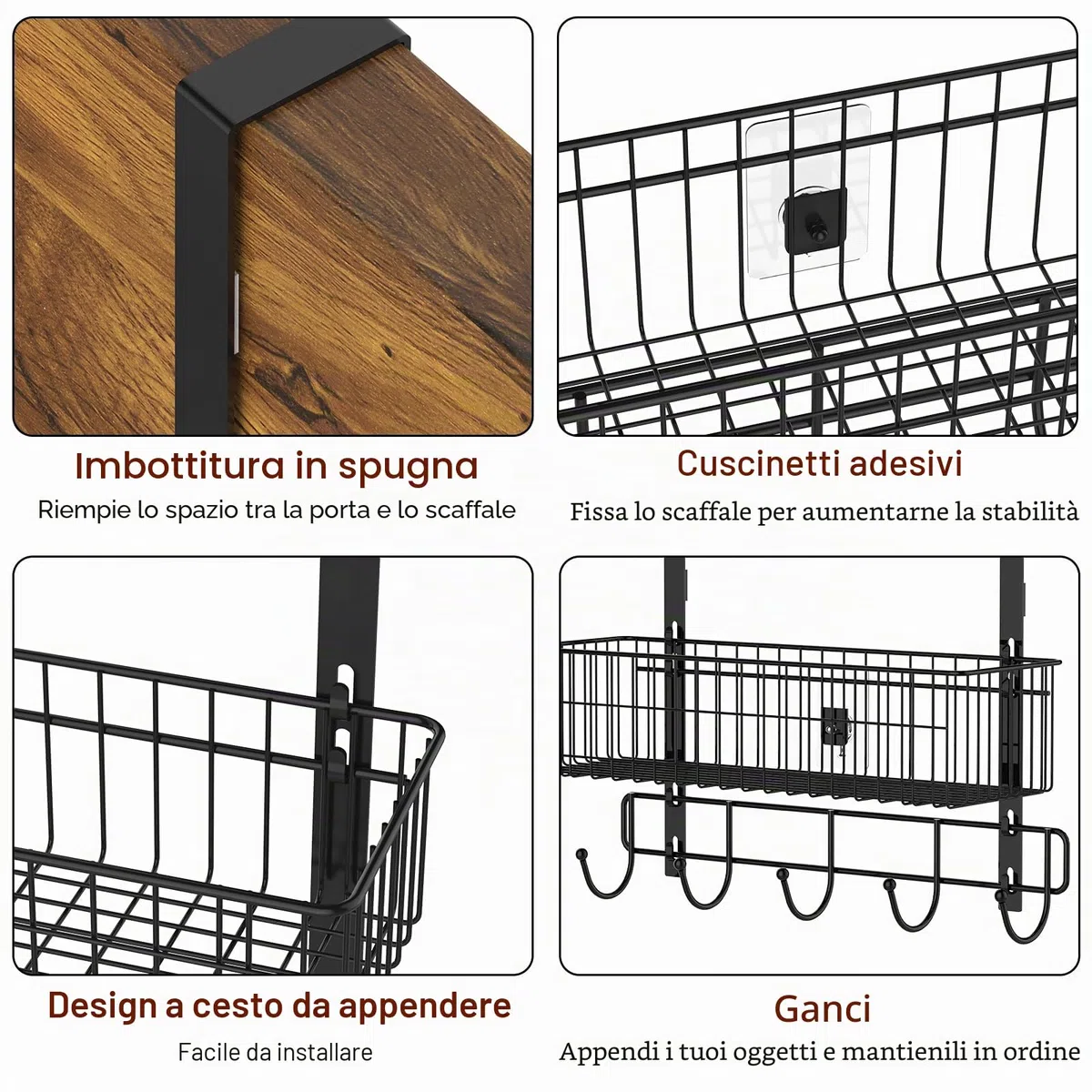 YBING Organizer sopra la porta con ganci 3 ripiani posteriori porta asciugamani cesti in metallo dietro mensola pensile dispensa rack per camera da letto bagno nero, R01-R984