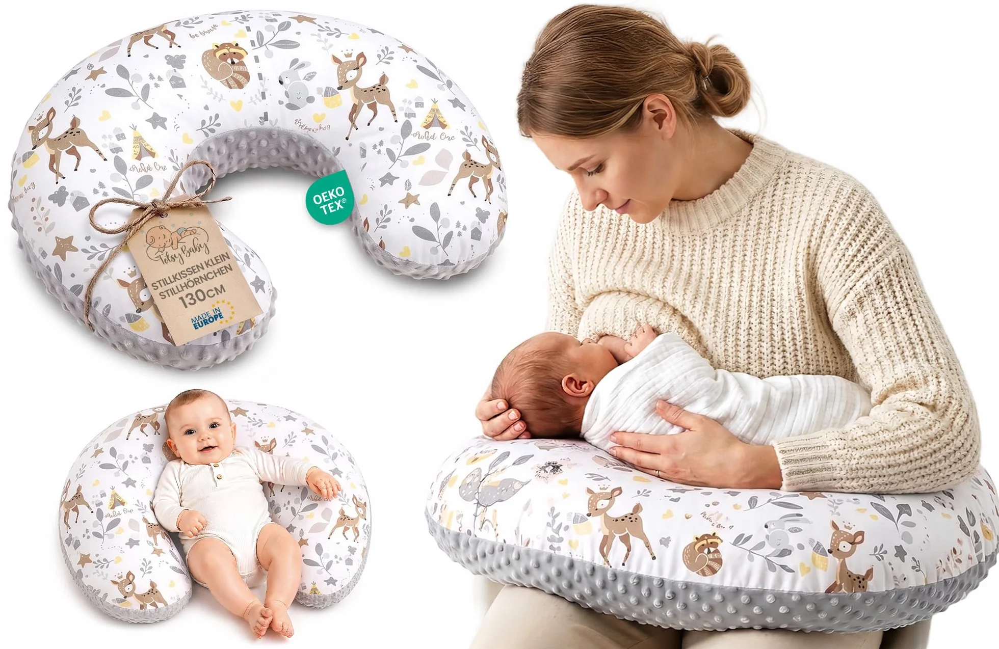 Totsy Baby Cuscino allattamento e gravidanza Minky 130 cm - cuscini neonato per allattare e dormire accessori per mamma y bebe lavabile e multifunzione Oeko-Tex Cervo grigio