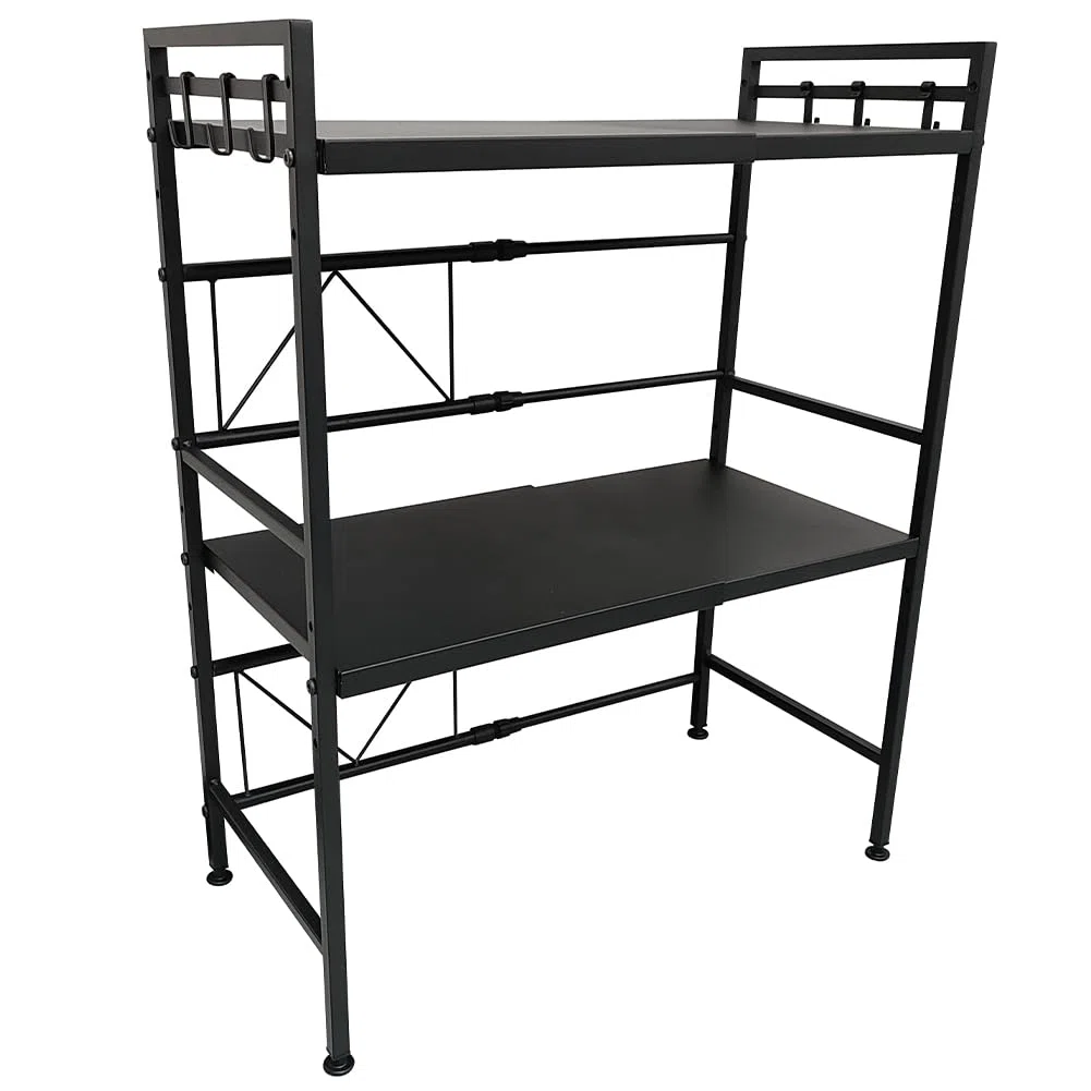 Shally Dogan Mensola Salvaspazio Estensibile Porta Microonde in Acciaio, Scaffale Cucina doppio con 2 ripiani Portaspezie, Mobile Organizer con Ganci e Piedini Antiscivolo, Design Moderno (Nero)