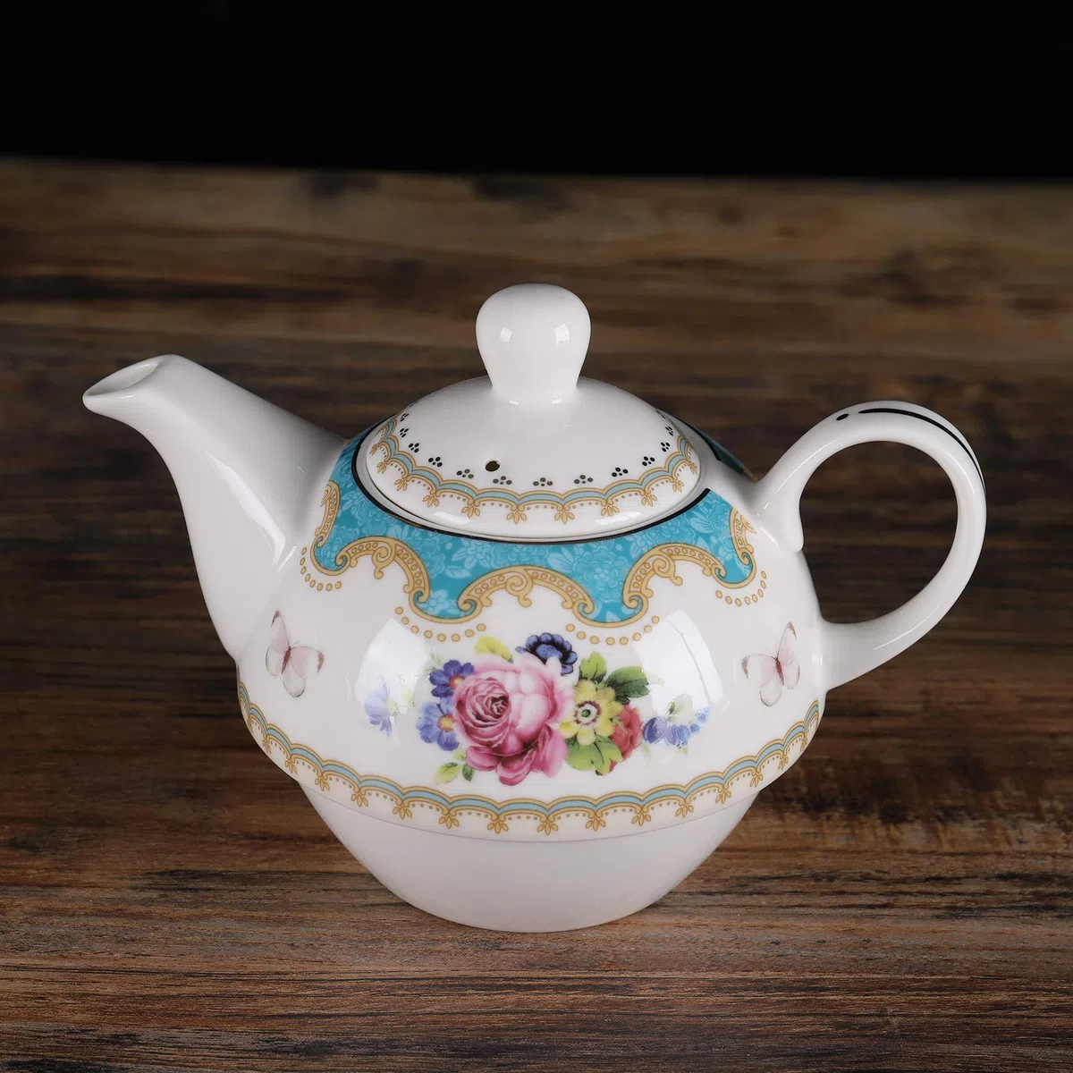 fanquare Servizio da Tè per Una Persona con Vintage Fiori di Rosa, Una Teiera con Tazza di Caffè e Piattino in Porcellana Turchese