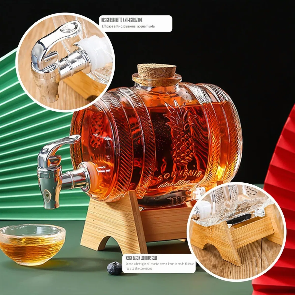 Dispenser per bevande a forma di barile da 1 L, caraffa per whisky per alcolici con rubinetto, dispenser trasparente con base in legno per vino, botte per whisky, limonata (JS-1)
