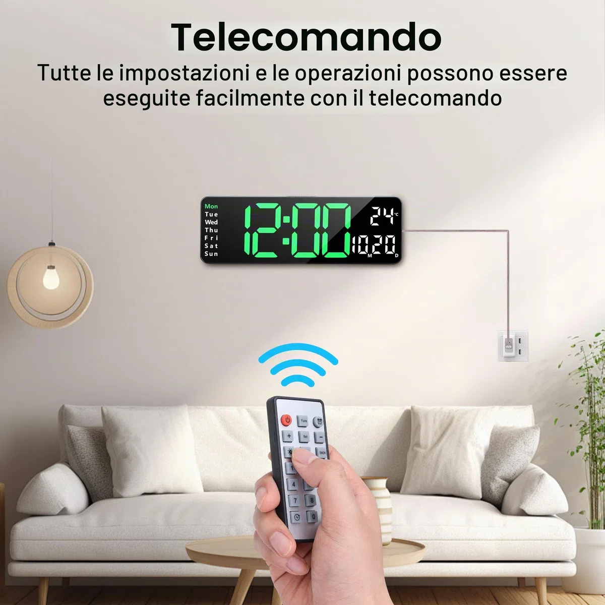Lafocuse Orologio da Parete Digitale Grande LED Display, 13" Facile da Leggere con Telecomando,Temperatura,Calendario,2 Allarme,Luminosità Regolabile,12/24 Ore per Soggiorno Cucina Ufficio, Verde