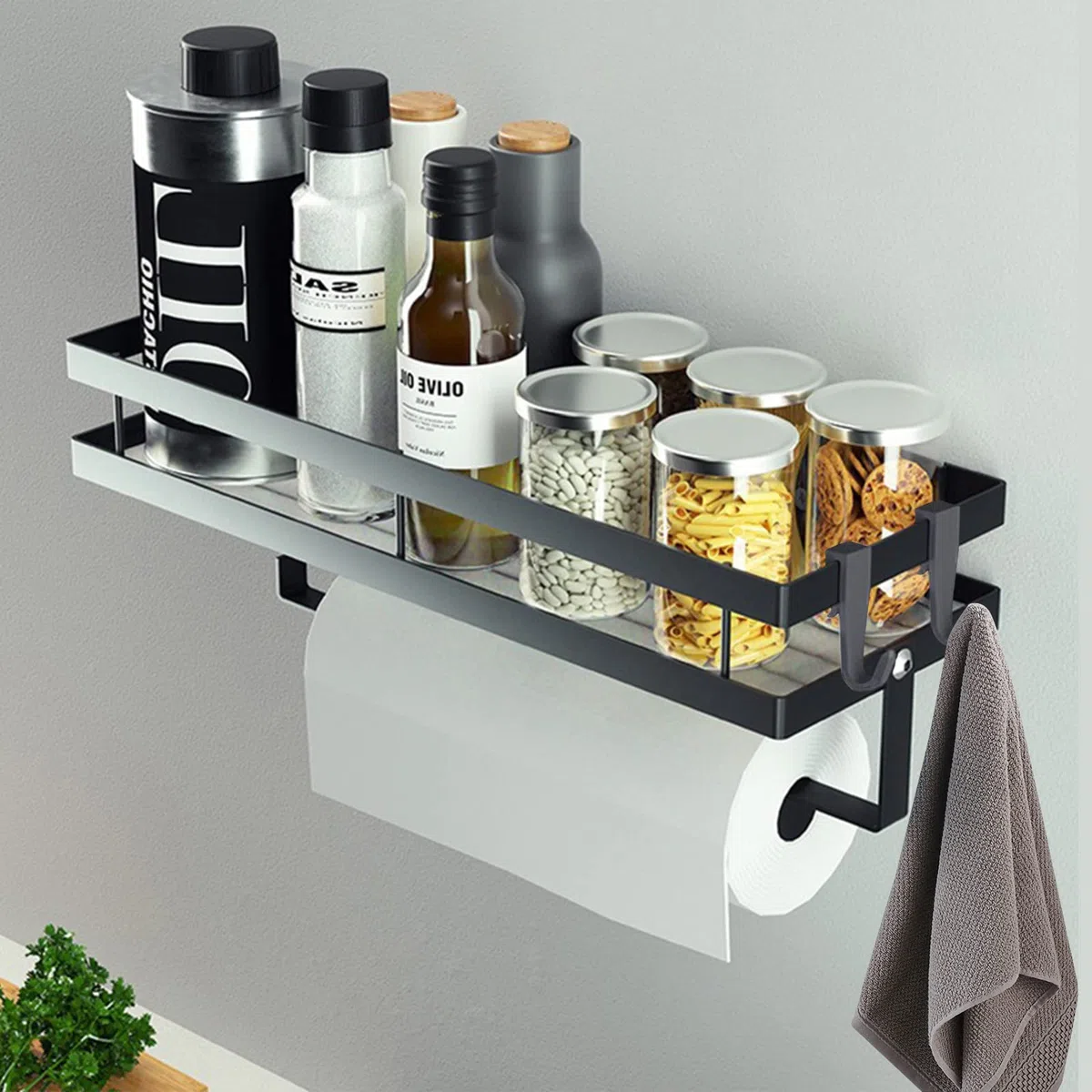 PortaSpezie,porta spezie per cucina, da parete,portaspezie da appendere da appeso con 4 ganci rimovibili,con porta rotolo da cucina, organizer barra portautensili cucina,35 cm,nero