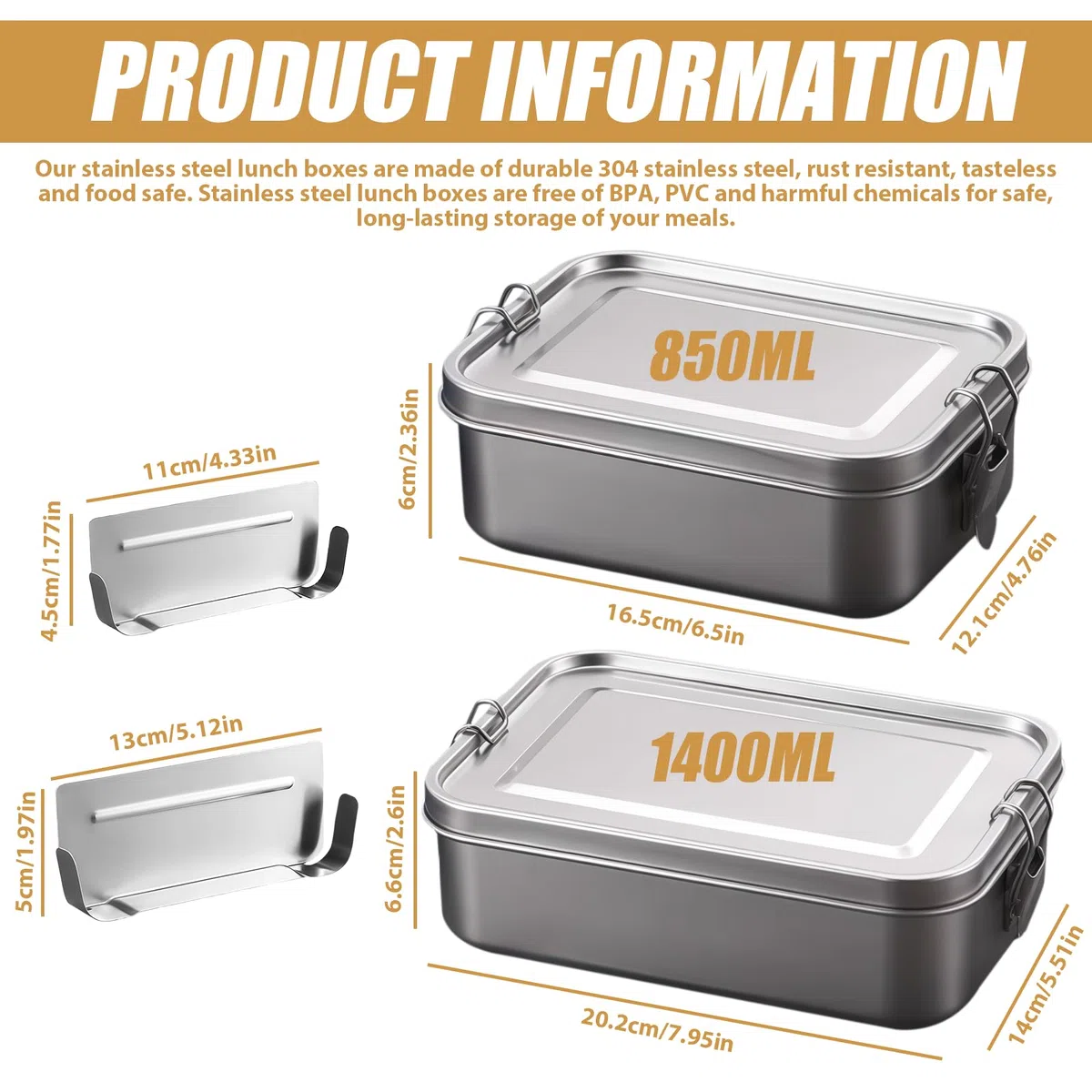 Set di 2 contenitori per il pranzo in acciaio inox con divisorio, 850 ml + 1400 ml, a prova di perdite, lavabili in lavastoviglie e impilabili, 304 contenitori per alimenti per lavoro e