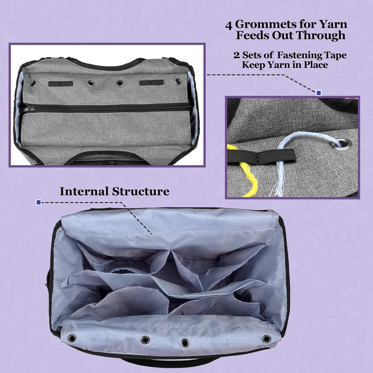 Yarwo Borsa Lavoro a Maglia, Organizer per Lana Gomitolo, Filati e Ferri da Maglia, Borsa da Trasporto per Lavoro a Maglia e Uncinetto Accessori, Grigio con Motivo Ovale