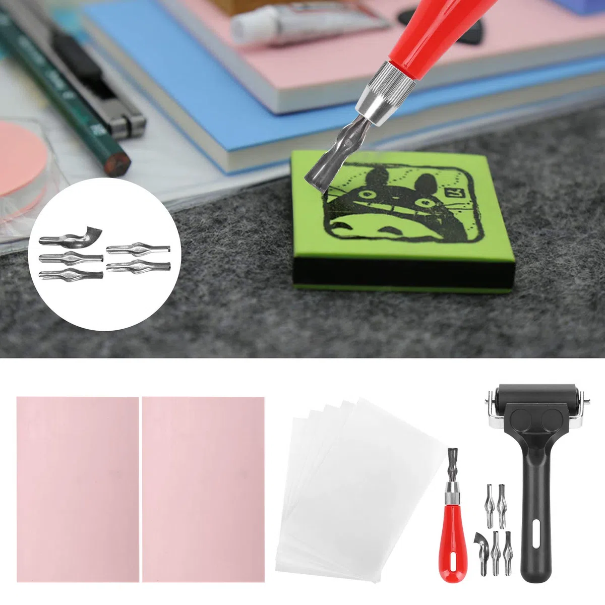 Asixxsix Kit da Intaglio in Gomma, Kit di Strumenti per Principianti per la Stampa di Blocchi Kit per la creazione di timbri a Blocchi da Intaglio, Kit per Intaglio di timbri in Gomma per incidere