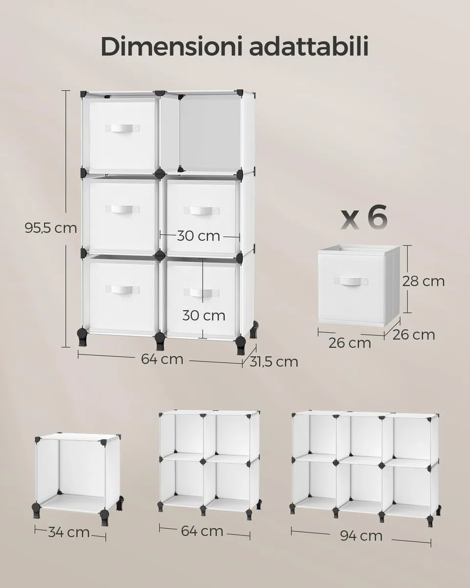 SONGMICS Scaffale Componibile a Cubi con Scatole Portaoggetti di Tessuto, Armadio Modulare a 6 Scomparti, Personalizzabile, Espandibile, Salvaspazio, Camera da Letto, Bianco Nuvola LPC062W06
