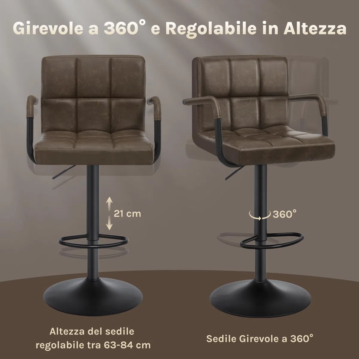 WOLTU Sgabello da Bar PU Vintage Sedia per Cucina Girevole con Schienale Braccioli Marrone