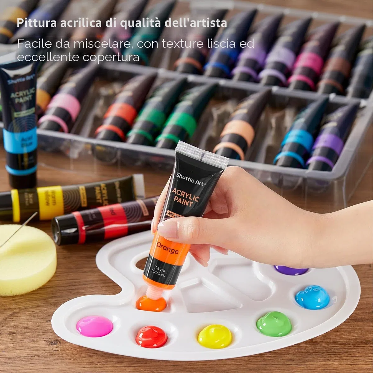 Shuttle Art Colori Acrilici per Dipingere 48 Pezzi, Set Pittura da 30 Colori(36 ml) con 10 Pennelli, Spatola, Spugna, Tela, Tavolozza, Acrylic Paint per Artisti Principianti Bambini, Non-Tossico