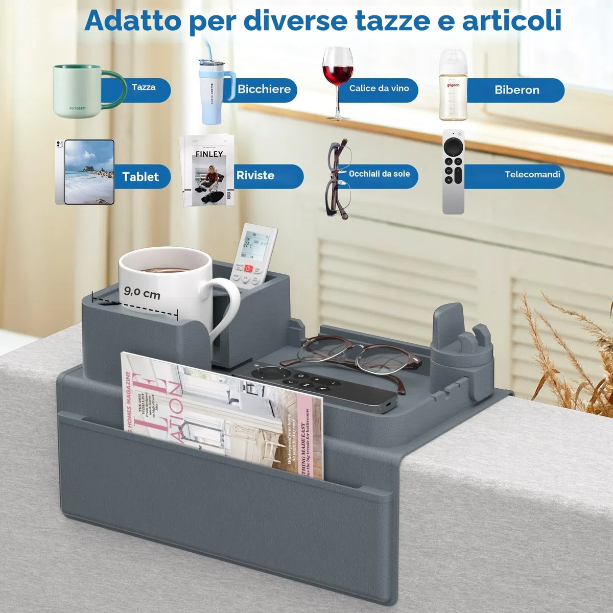 CLESOO Porta Tazze da Divano, Vassoio Portaoggetti Con Doppie Tasche Laterali, Porta Telecomando in Silicone Antiribaltamento, Organizzatore per Tazza Telefono Tablet Snack