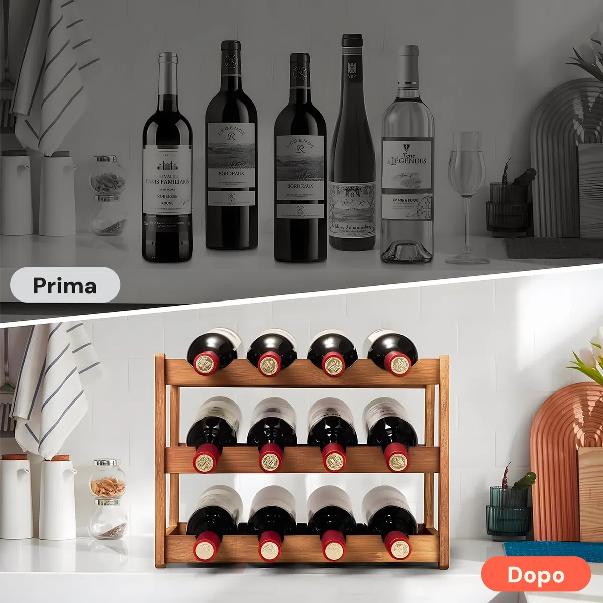 AviliaHome Portabottiglie Vino in Bambù 12 Bottiglie - 3 Ripiani Salvaspazio & Design Ecologico, Compatto 42x21x28cm- Montaggio Facile & Veloce - Perfetto per Cucina, Cantina, Soggiorno