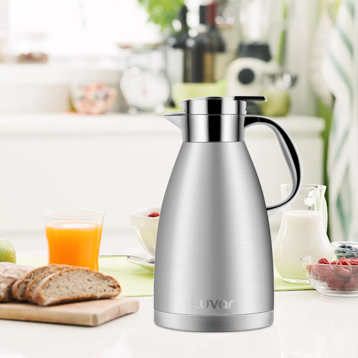Luvan Caraffa Termica da 1.8 Litri, in Acciaio Inox 18/10 brocca/Thermos a Doppia Parete, isolata sotto Vuoto, con Coperchio a Pressione,conservazione a Freddo o Caldo per più di 24