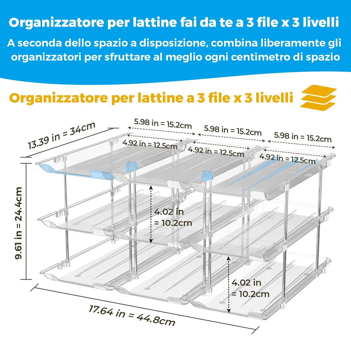 Organizer per lattine per dispensa Organizzatore impilabile a 3 ripiani Organizzatore per bibite da dispensa per frigorifero, 36 scomparti, con ruote automatiche, trasparente