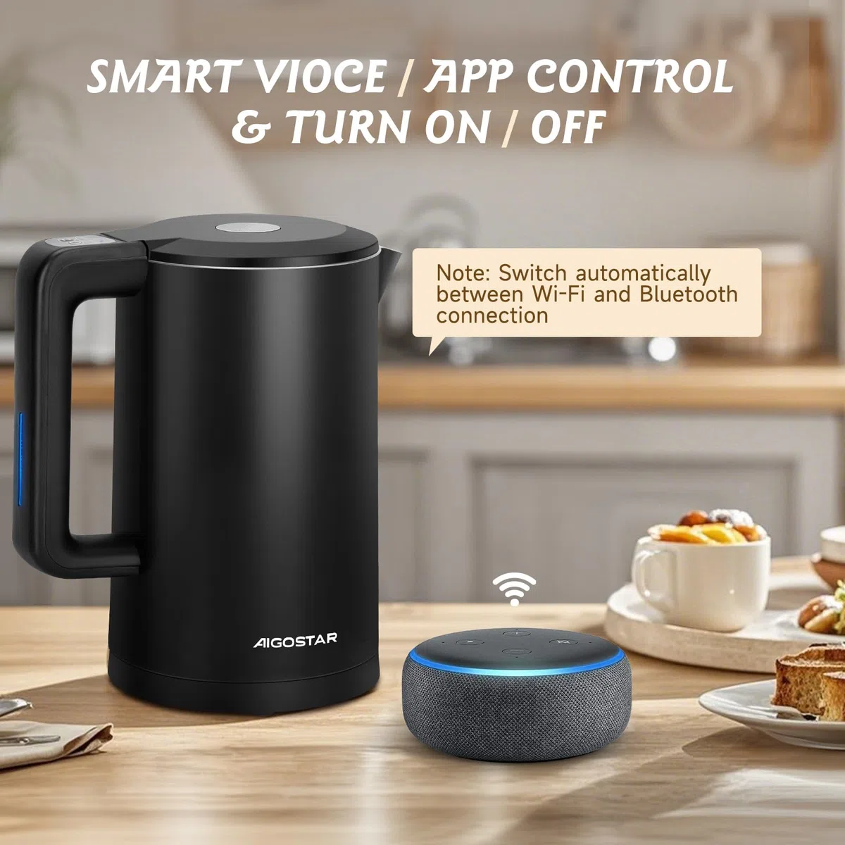 Aigostar Benjamin- Bollitore Smart controllo WLAN compatibile con Alexa e Google Home, Bollitore Elettrico Temperatura Regolabile 40-100 ℃, Doppia Parete, 1,7L 2200W. Funzione di Mantenimento Caldo