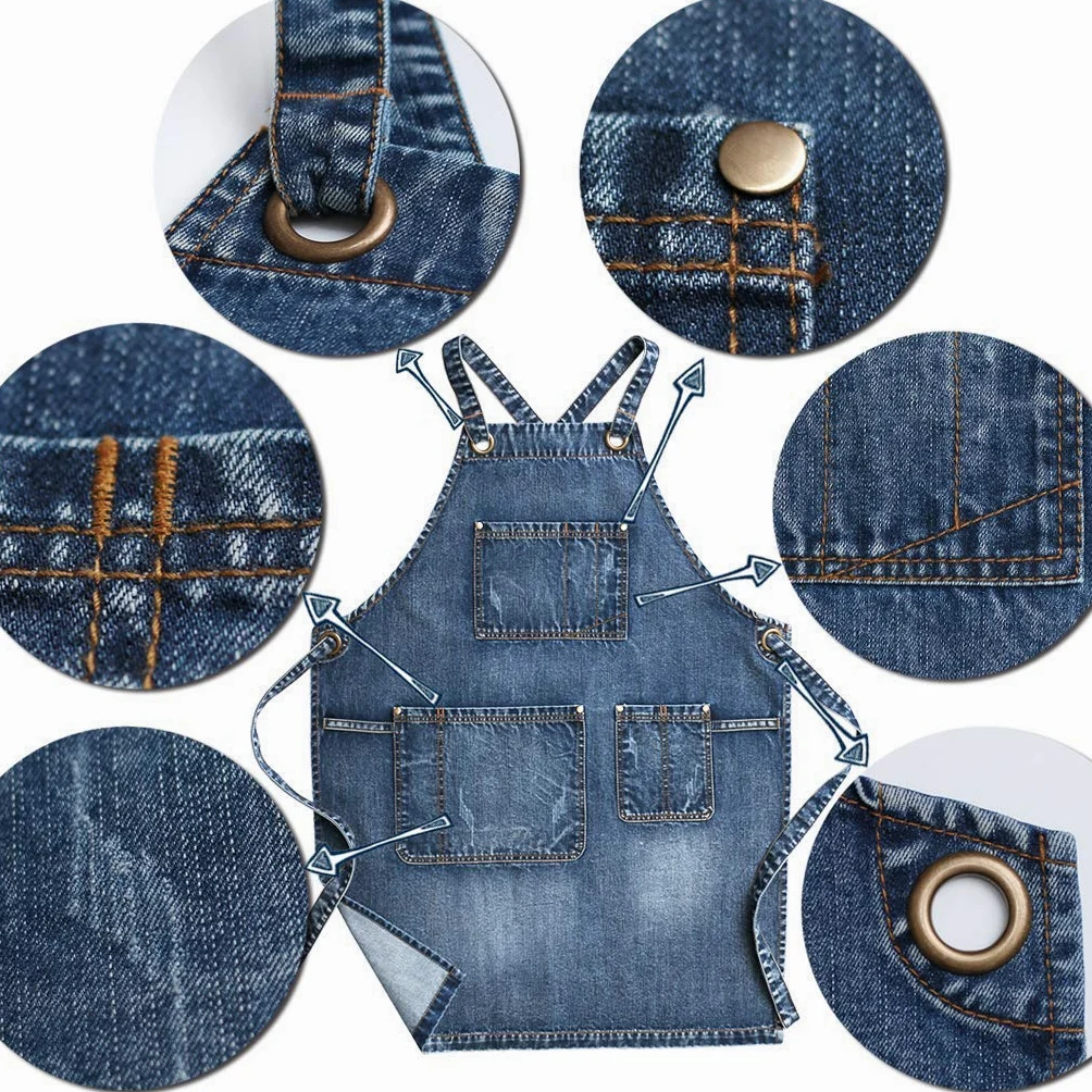 Grembiule unisex in denim blu, per parrucchieri, artigiani, baristi, barbecue, con comode tasche, per uomini e donne