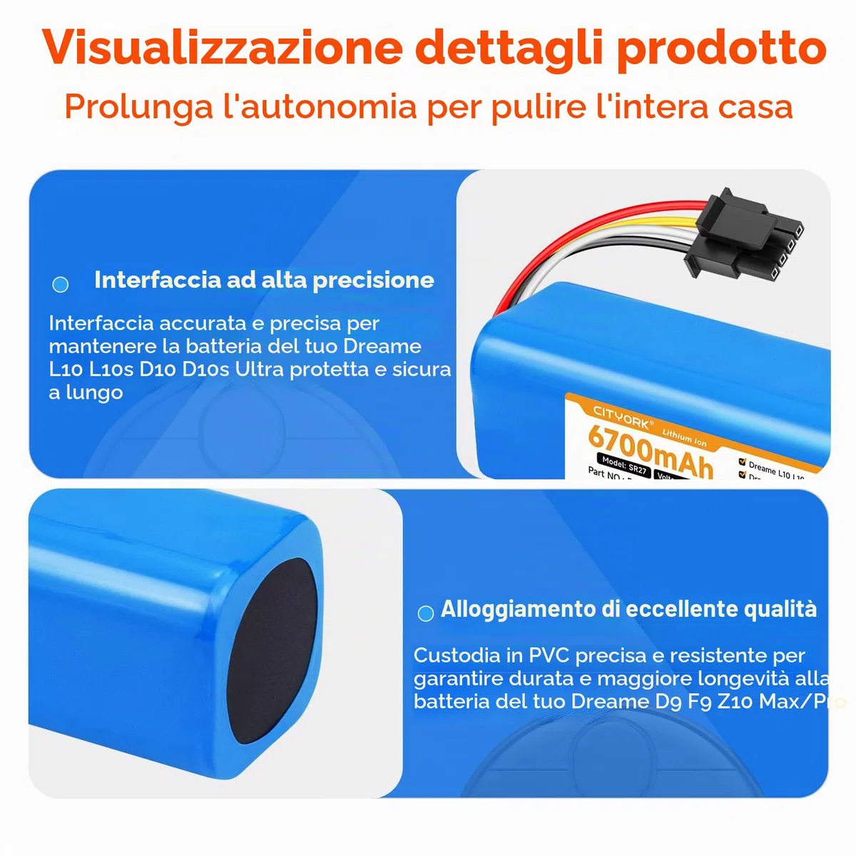 CITYORK 6700mAh/14.4V Li-ion Batteria per Dreame L10s Ultra L10 D10 D10s Z10 Pro/Ultra/Plus, per Dreame D9 F9 Max/Pro, per Xiaomi Robot Vacuum X20+ X10+ Plus/Pro/Max P2008-4S2P-MMBK Batteria