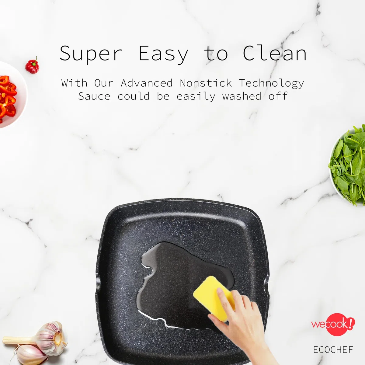 WECOOK! Ecochef Titanio Bistecchiera Liscia, Induzione, 24x24cm, Antiaderente QUANTANIUM Ecologico senza PFOA, Alluminio Fuso, 5mm di Spessore, Manico in Legno Pieghevole, Vitroceramica, Gas