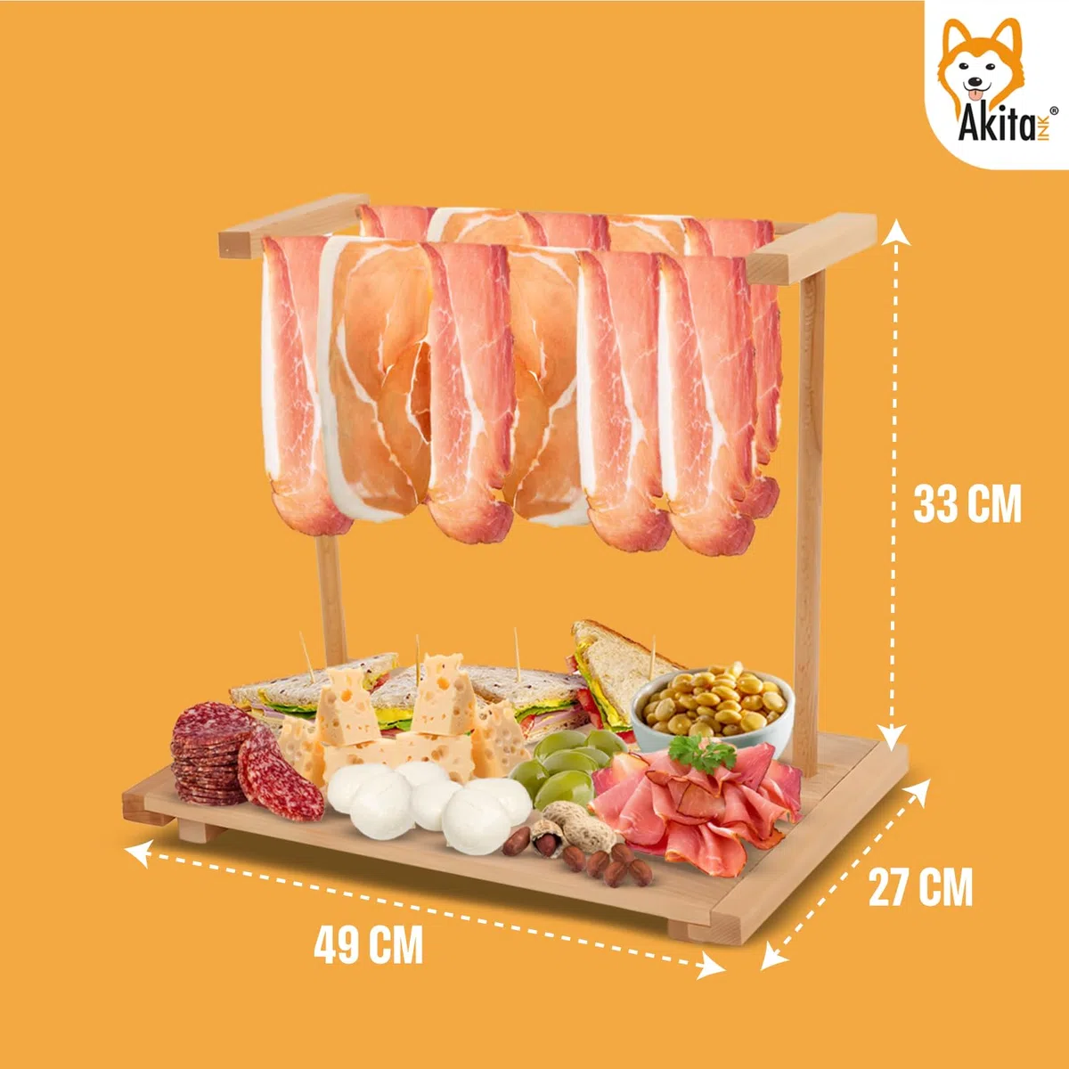 AKITAInk Tagliere per Aperitivo, appendi prosciutto in Legno di faggio, Tagliere con Stand Appendi Affettati, Vassoio per Salumi, Formaggi Ideale per Aperitivi, Apericena Made in Italy (49x27x33 cm)