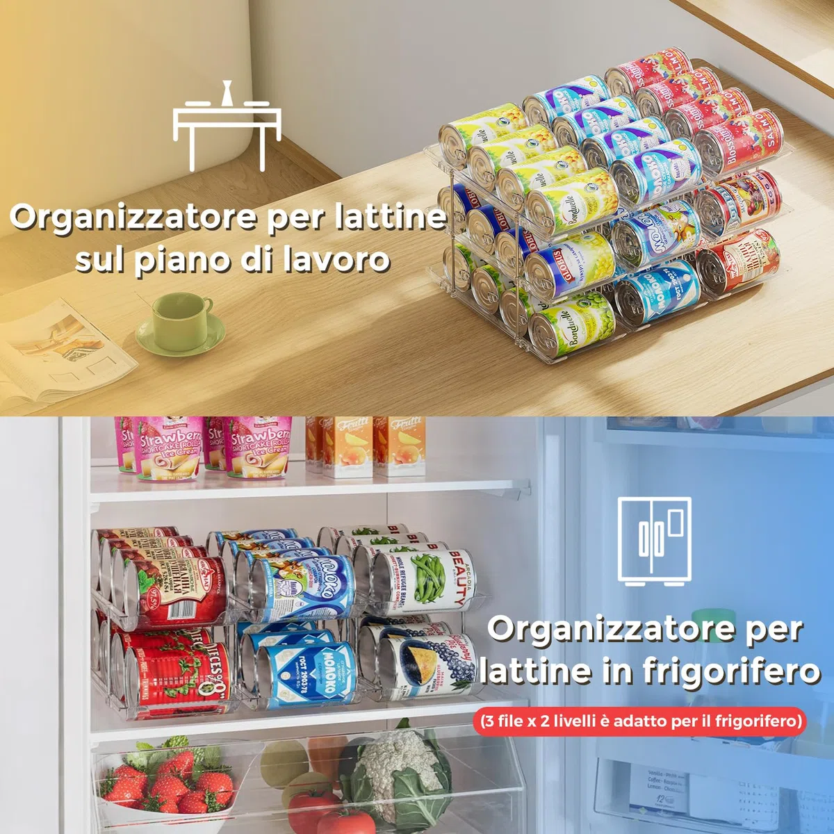 Organizer per lattine per dispensa Organizzatore impilabile a 3 ripiani Organizzatore per bibite da dispensa per frigorifero, 36 scomparti, con ruote automatiche, trasparente