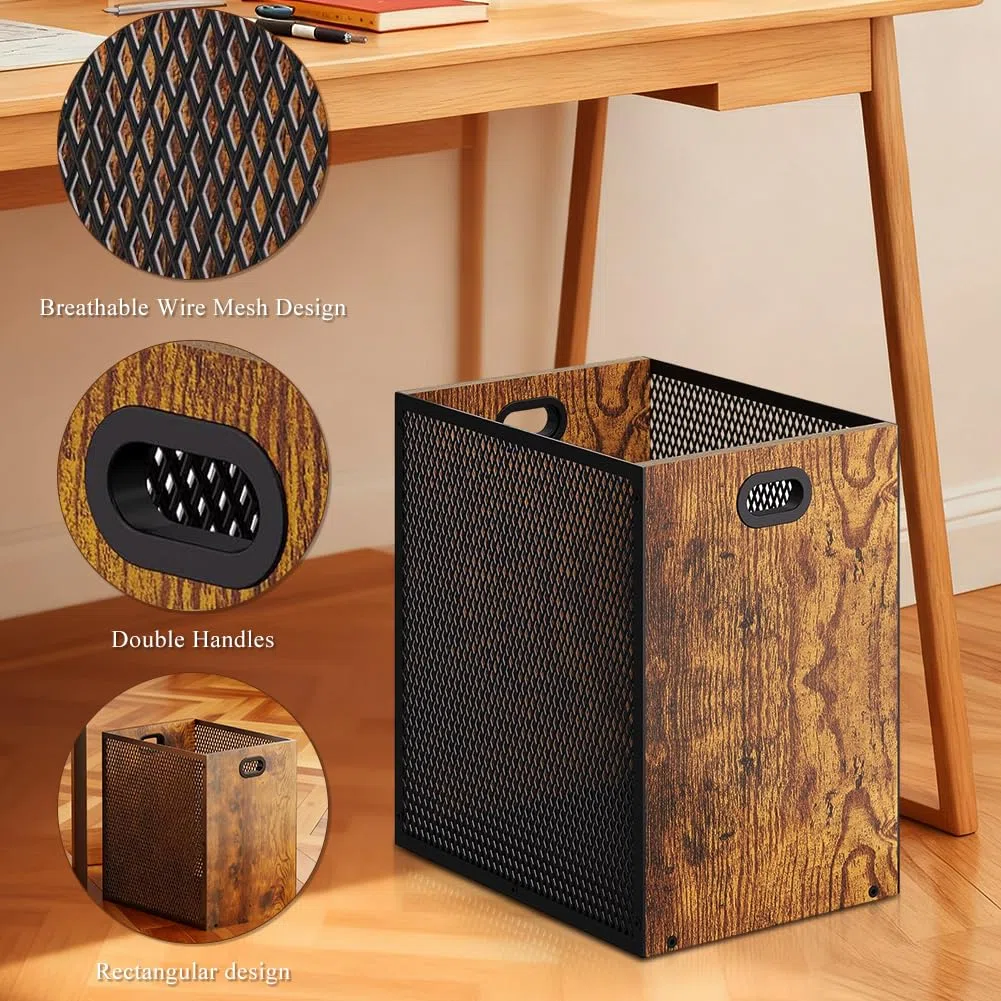 Cestino per la Spazzatura in Legno, 16,8 l, Grande con Design Retrò, per Camera da Letto e Ufficio, Griglia in Ferro con Manico, 28 x 20 x 30 cm