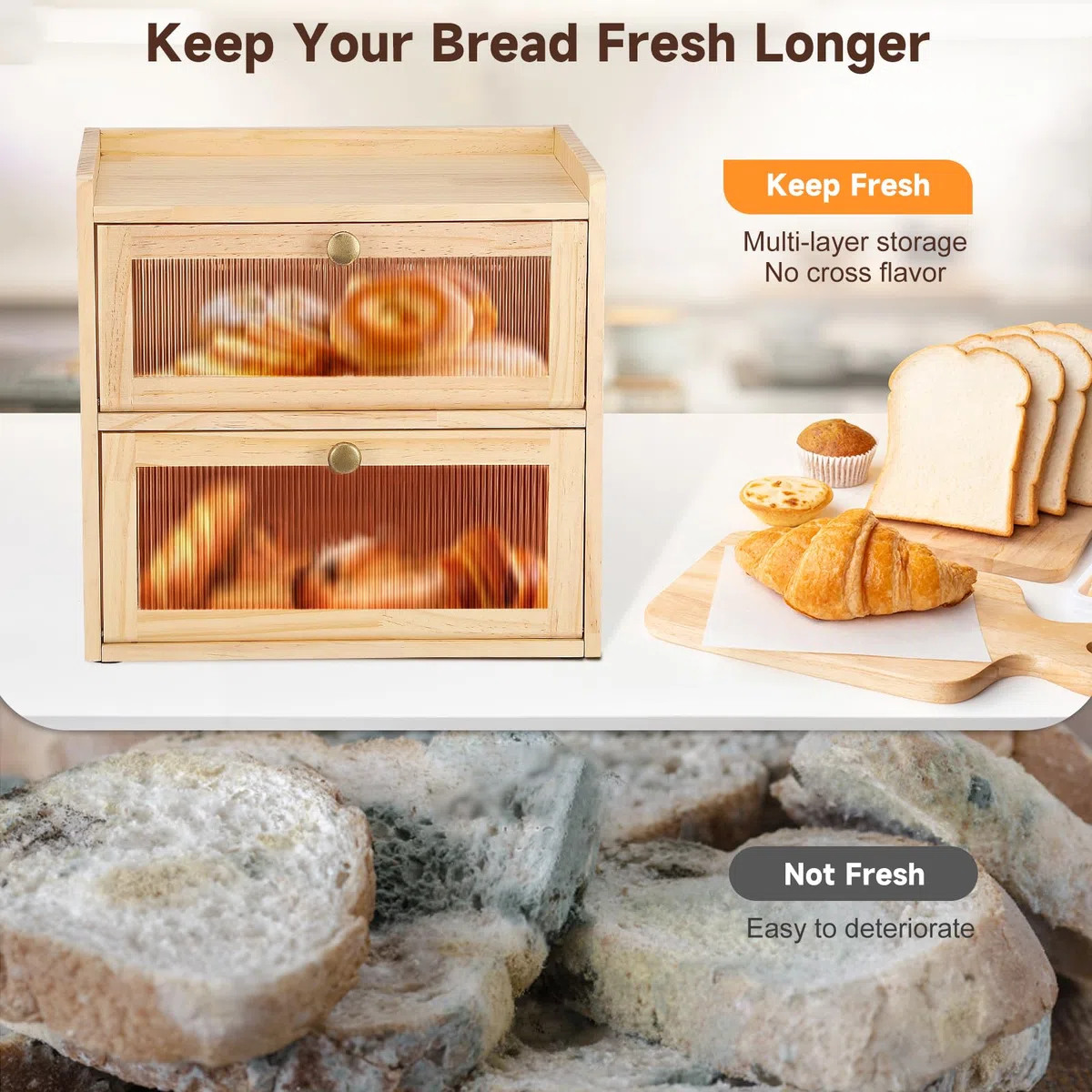 Contenitore per il Pane Doppio Strato per il Piano di Lavoro della Cucina, Portapane in Legno con Finestre, Scatola per Alimenti Secchi con Prese D'aria per Mantenere il Pane Fresco(Legno)