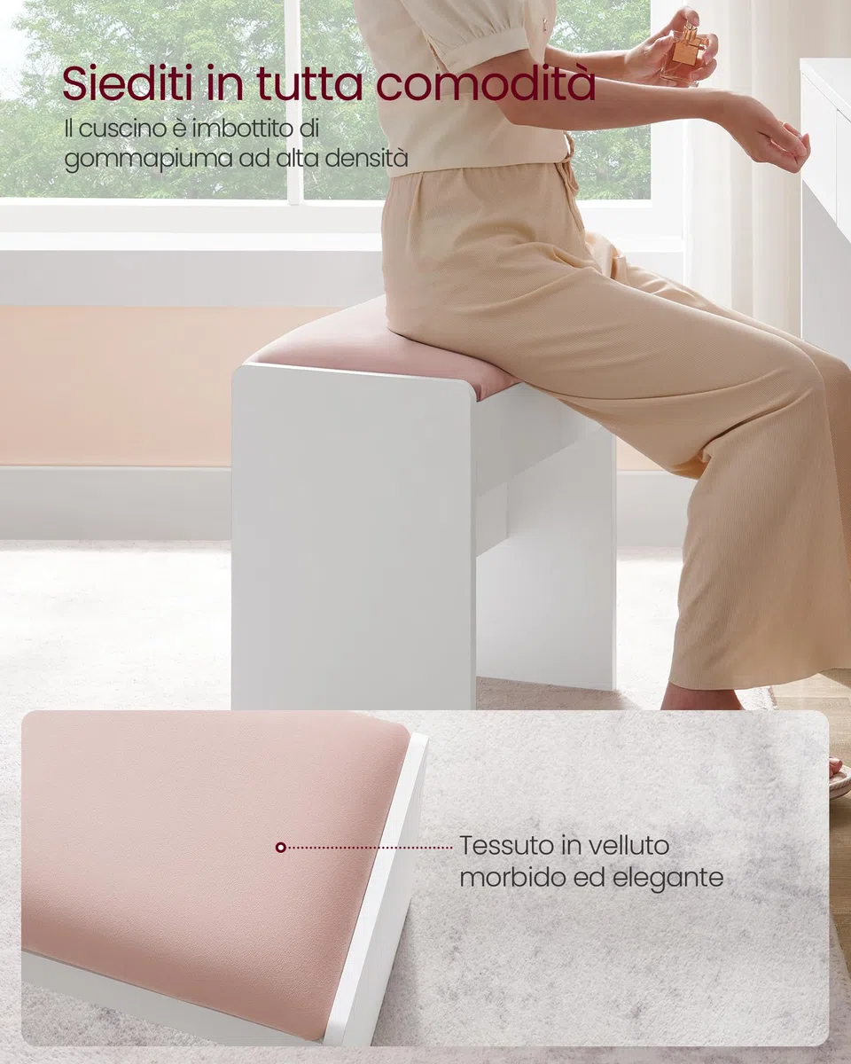 VASAGLE KAILYN Collezione - Sgabello Toeletta Trucco, Sgabello Imbottito Trucco, Velluto, Piedini Antiscivolo, Camera da Letto Armadio Ingresso, Stile Moderno, Bianco Opaco e Rosa Pastello RDS001W01