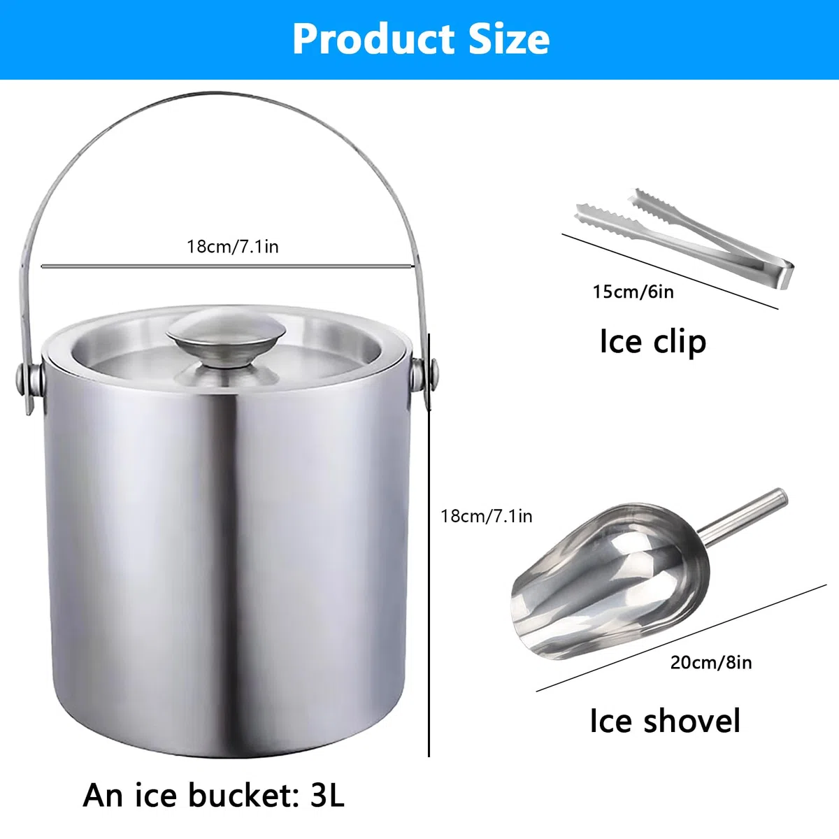 Secchiello Ghiaccio Acciaio Inox 3L, Secchiello per Ghiaccio con Pinze Ghiaccio + Paletta Ghiaccio, Secchiello Ghiaccio Champagne in Acciaio Inox a Doppio Strato, Ideale per Famiglie e Bar