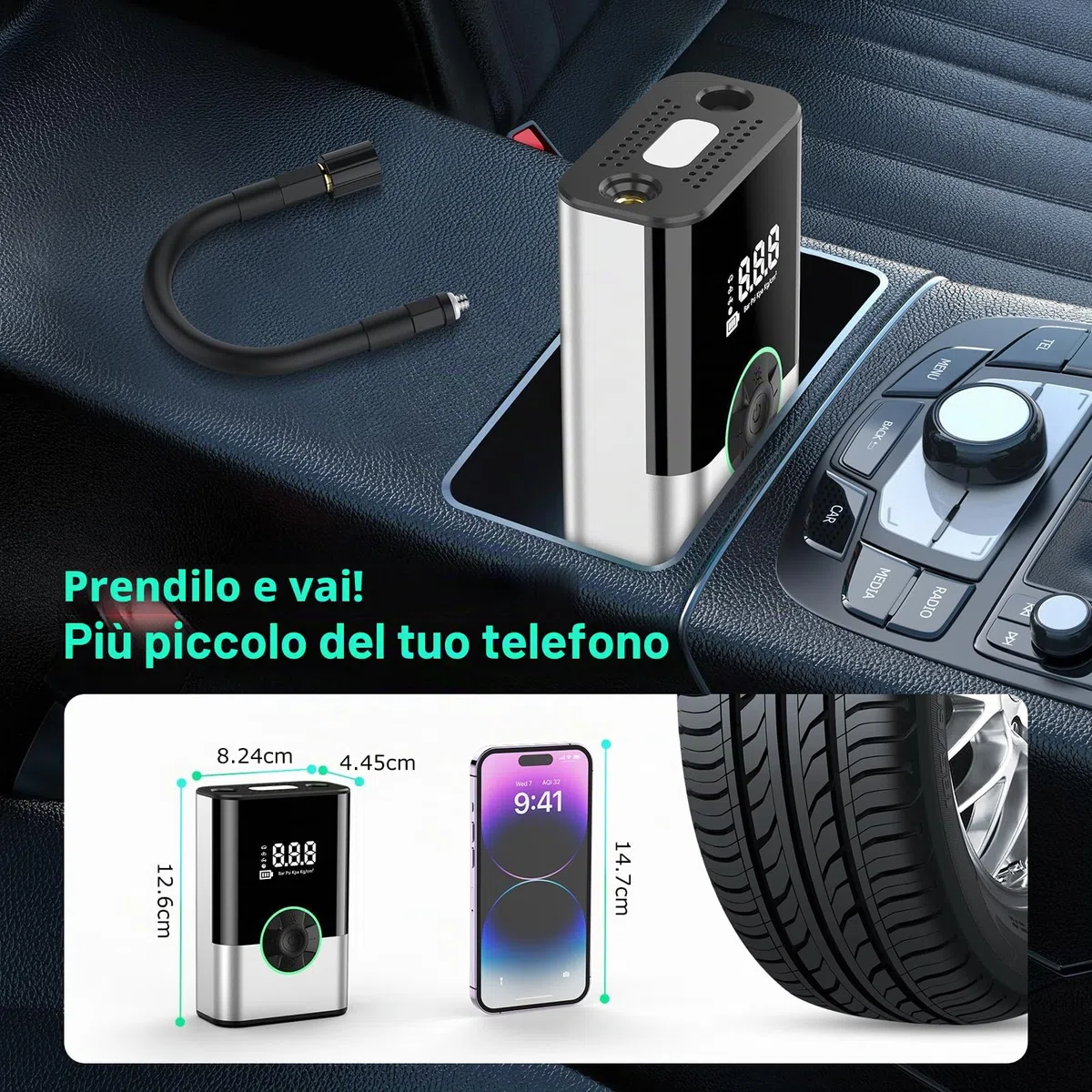 6000mAh Pompa ad Aria Elettronica Portatile, 150PSI Pompa per Bicicletta Elettrica, Compressore d'Aria Portatile Senza Fili, Compressore d'Aria Elettrico Portatile, Pompa per Auto, Nero