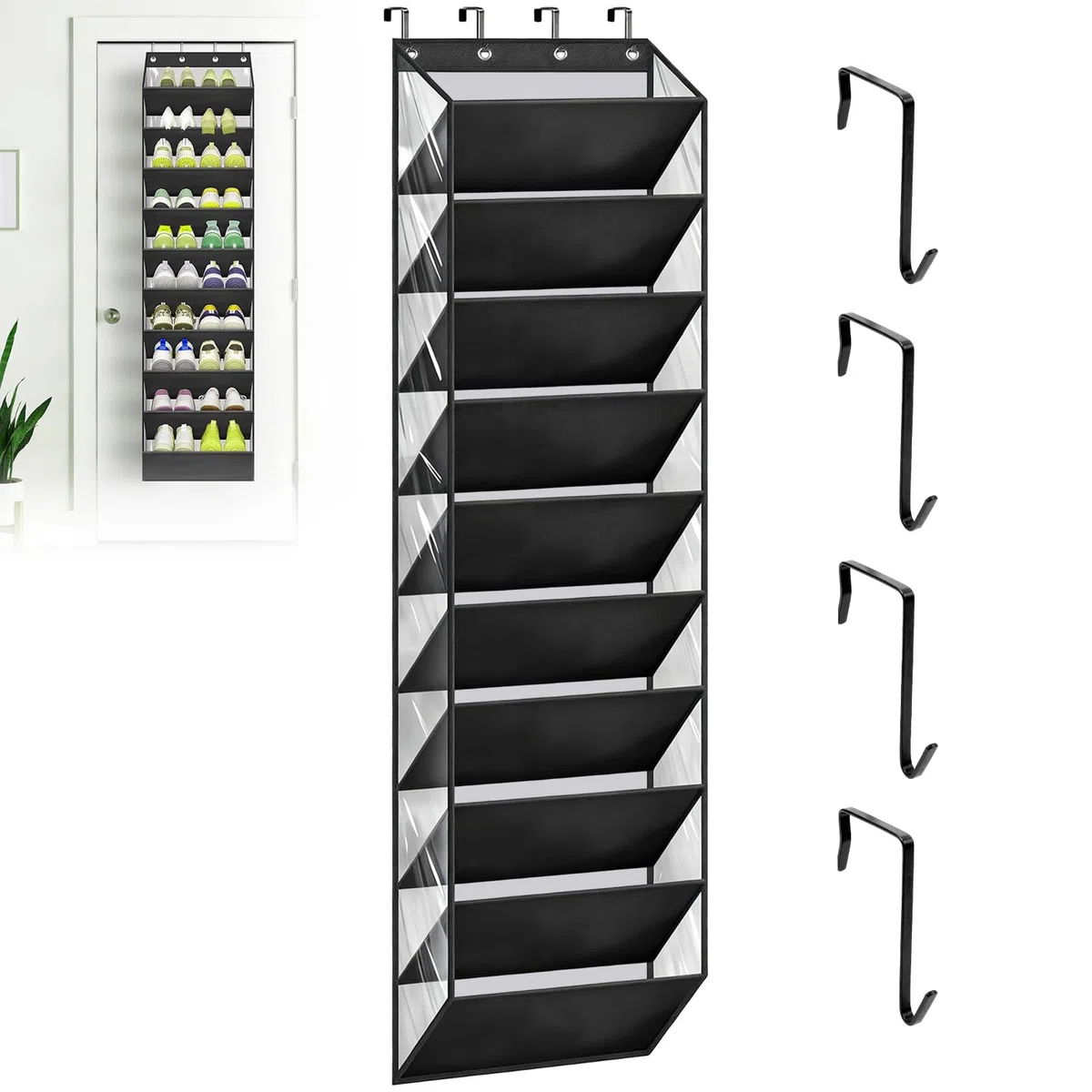 Scarpiera Appendere Porta con 10 Tasche Profonde & 4 Ganci, Portaoggetti Multifunzionale per 20 Paia Scarpe Ginnastica, Organizer Stivali per Armadio, Lavanderia e Camera Letto (Nero)