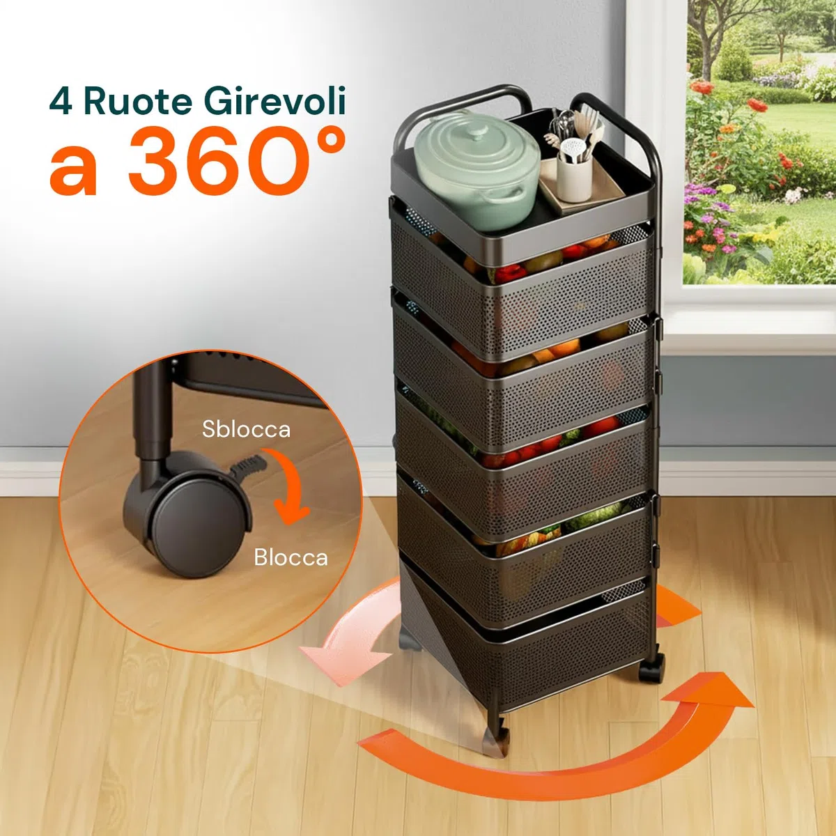 Avilia - Carrello con Ruote Portatutto Richiudibile Multiuso con Cestelli Capienti e Struttura Salvaspazio per Cucina Bagno e Ufficio Design Pieghevole con Ruote Frenanti Nero Quadrato 5 Cestelli