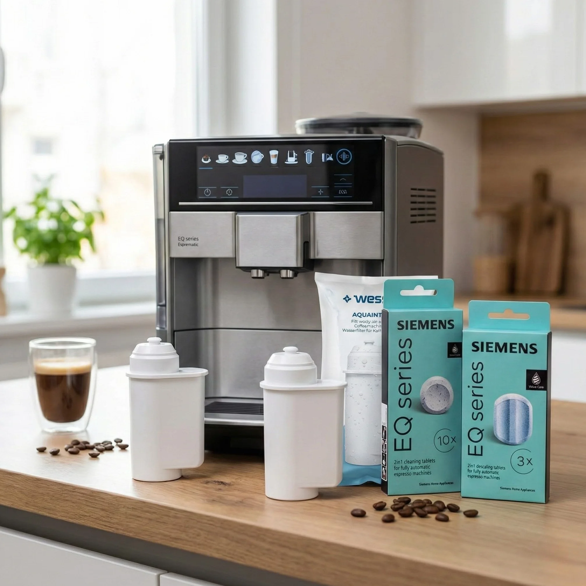 Set di Manutenzione per Macchine da Caffè Siemens serie EQ, Pastiglie detergenti (10 pezzi), decalcificante 2in1 (3 pezzi) e 2 filtri AquaIntense, Compatibile con Siemens Bosch TZ70003 TZ80001 TZ80002