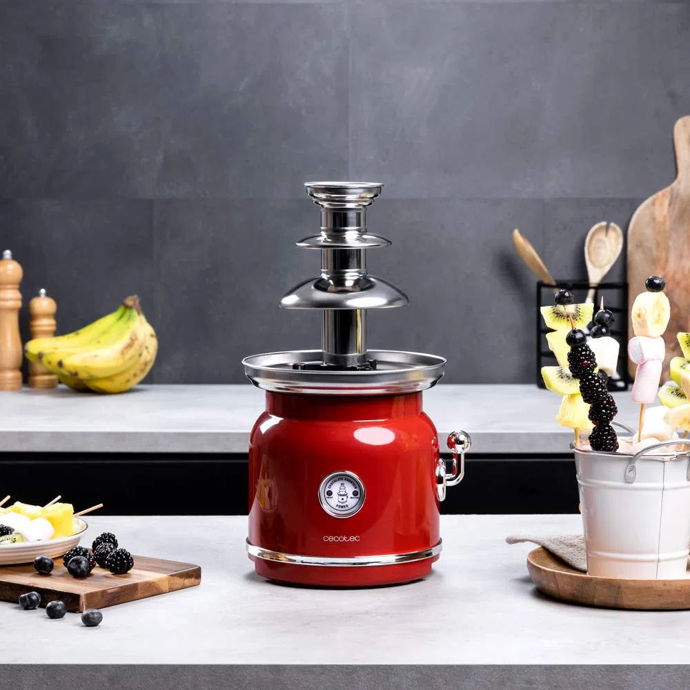 Cecotec Fun Chocolicious Cioccolato Fontana Power 90 W, design retrò, torre in acciaio inox, 3 livelli di cascata, parti staccabili, lavabili in lavastoviglie