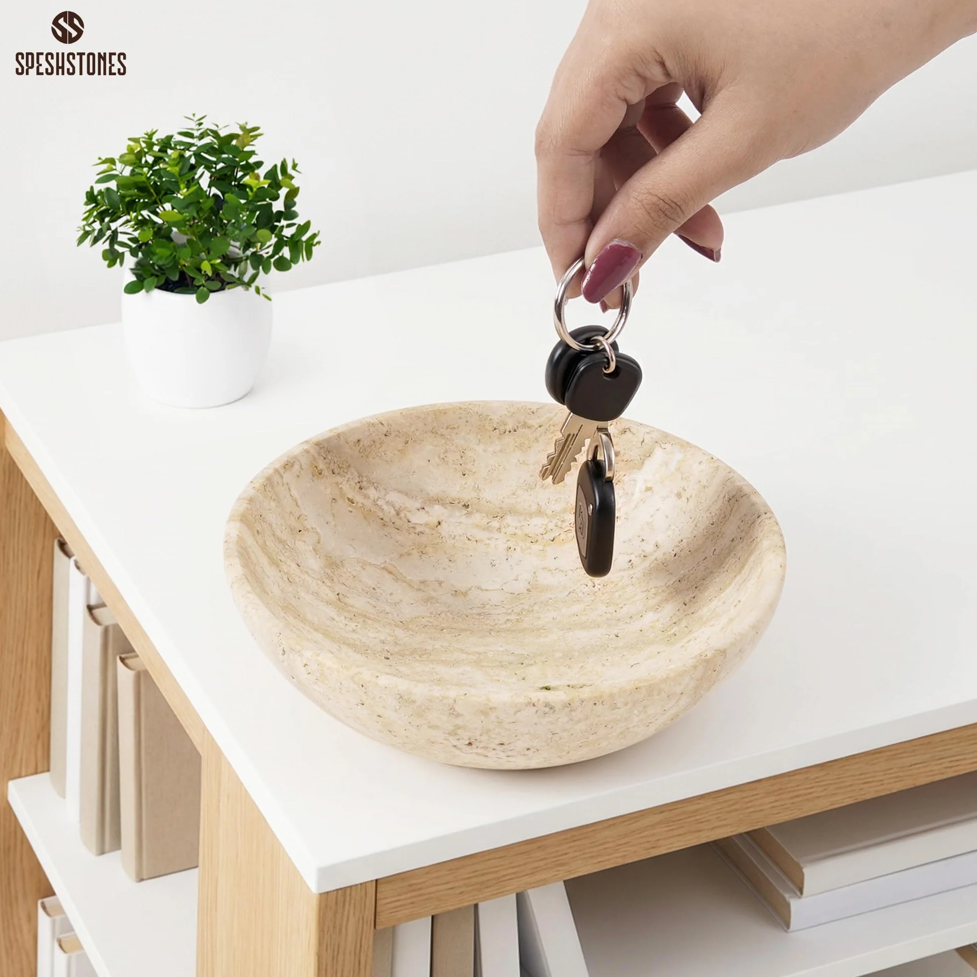 SPESHSTONES Ciotola per frutta in marmo, realizzata a mano, in travertino, piccola ciotola decorativa per bancone della cucina e tavolo da pranzo, centrotavola – ciotola per chiavi per ingresso