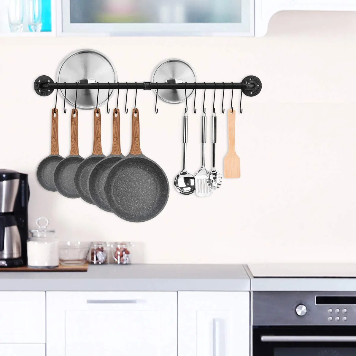 Toplife Porta Utensili da Cucina, Staffa di Montaggio a Parete 100cm e 16 Ganci Rimovibili, Nero