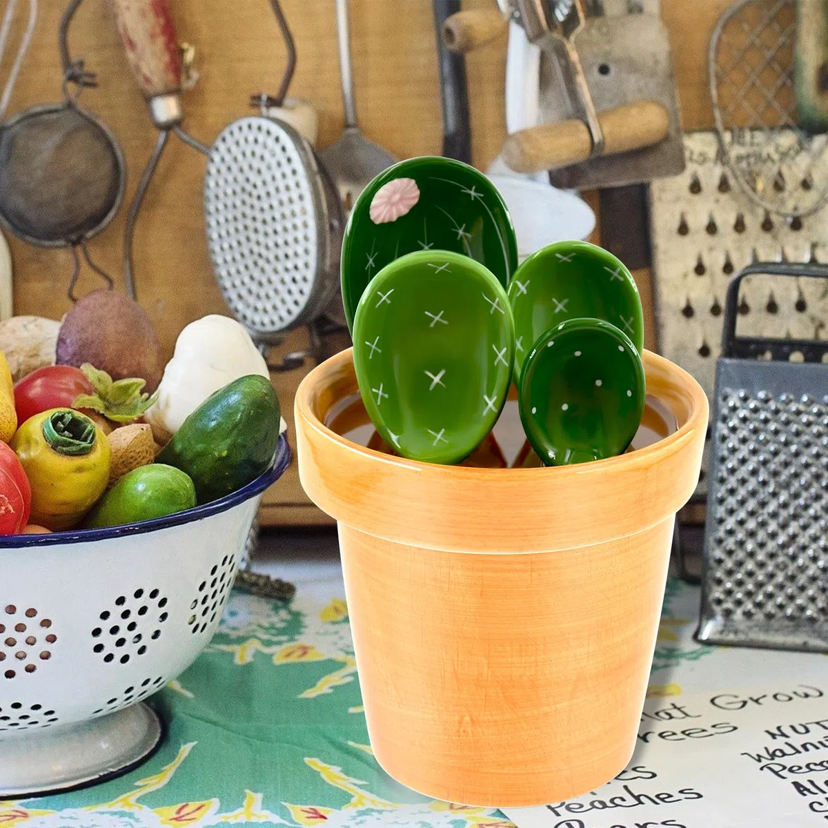 Set di cucchiai dosatori in ceramica a forma di cactus, 5 pezzi, simpatici misurini e cucchiai per cucina, per misurare liquidi, alimenti, sale e zucchero, con base tazza (verde)