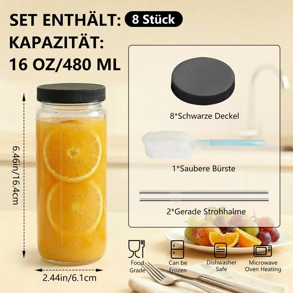 OAMCEG Set di 8 bottiglie in vetro da 500 ml, con coperchi, cannucce, per frullati da 16 oz, riutilizzabili, in vetro da riempire, lavabili in lavastoviglie, resistenti al frigorifero, per